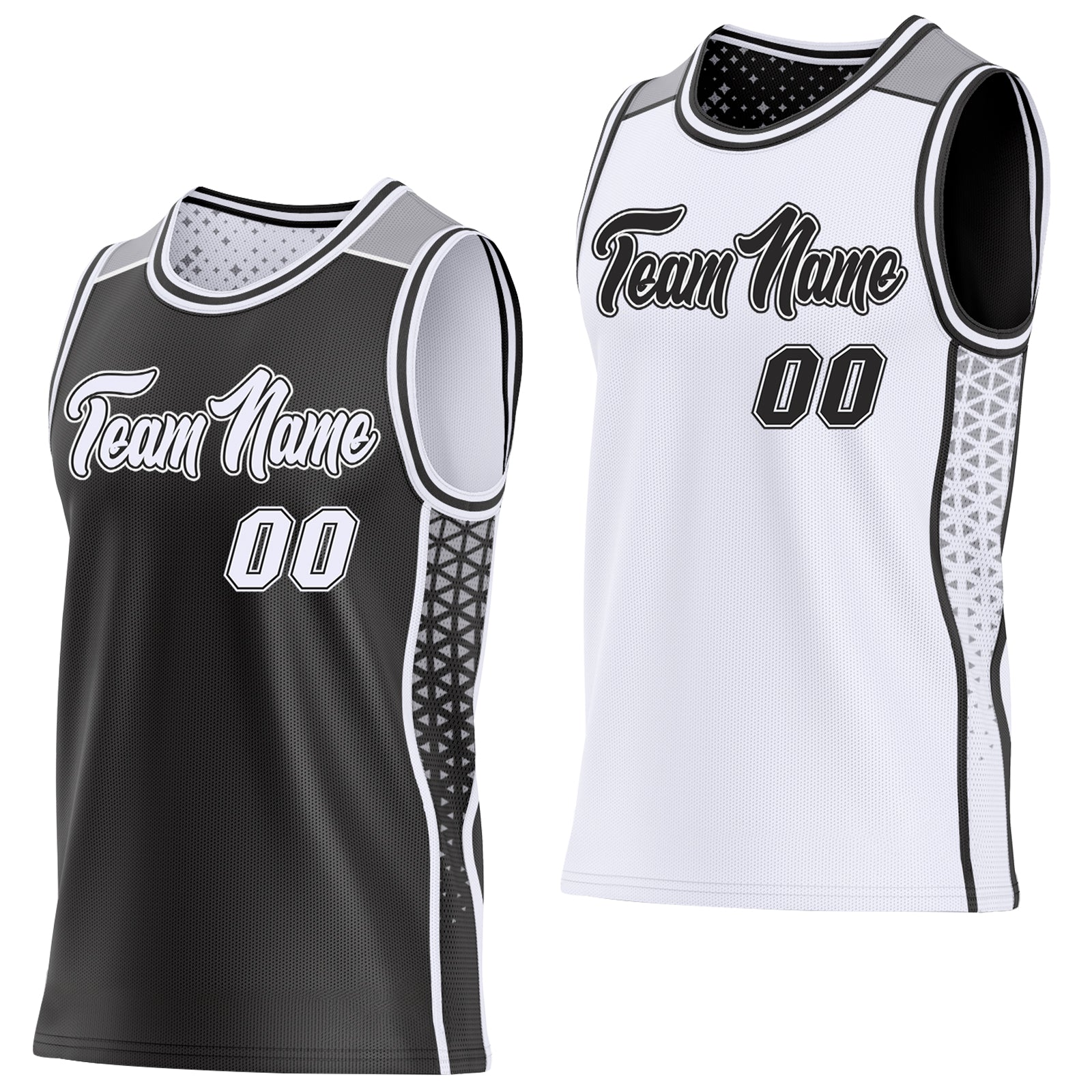 Custom Black White-Gray Side Panel Stripe Geometric Triangle Gradient Dot Reversible Double Side Sublimation Basketball Set Jersey