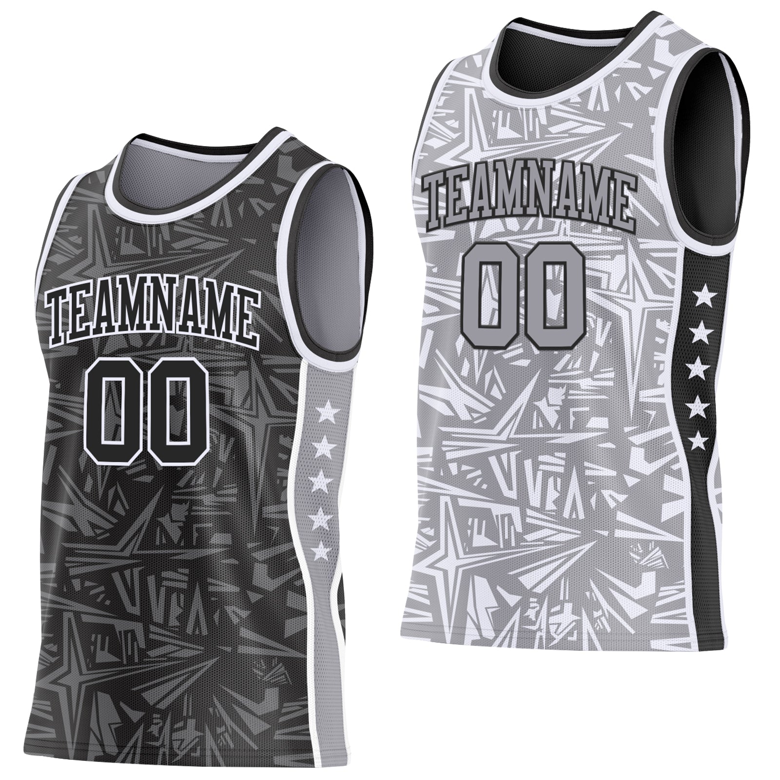 Custom Black White-Gray Side Panel Stripe Stars Geometric Shatter Starburst Reversible Double Side Sublimation Basketball Set Jersey