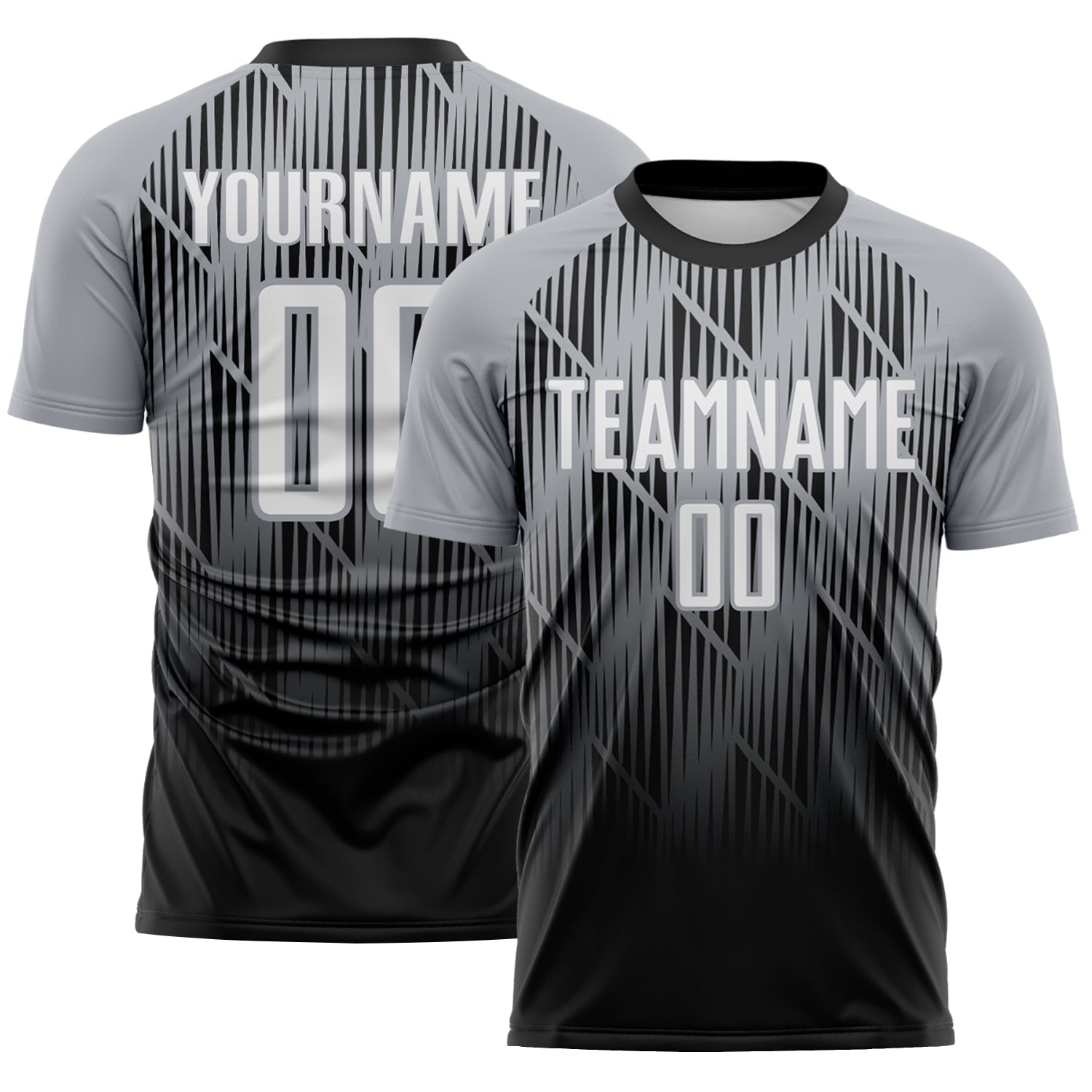 Custom Black White-Gray Spiked Sharp Lines Gradient Sublimation Soccer Uniform Jersey