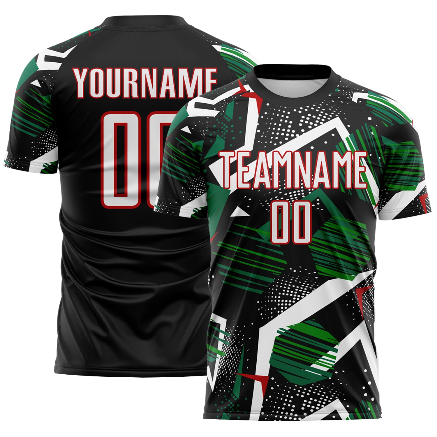 Custom Black White Green-Red Geometric Asymmetry Shatter Sublimation Soccer Uniform Jersey