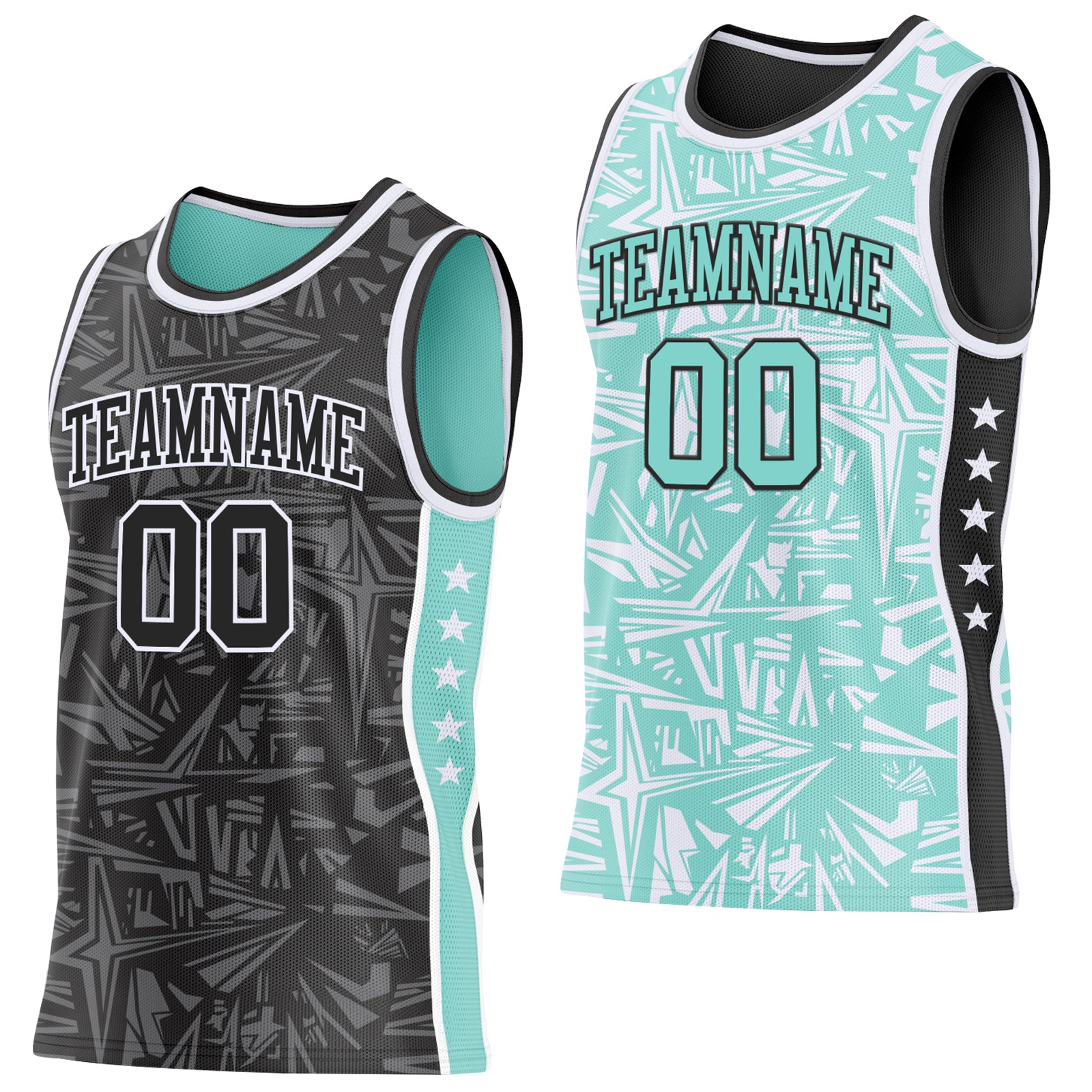 Custom Black White-Ice Blue Side Panel Stripe Stars Geometric Shatter Starburst Reversible Double Side Sublimation Basketball Set Jersey