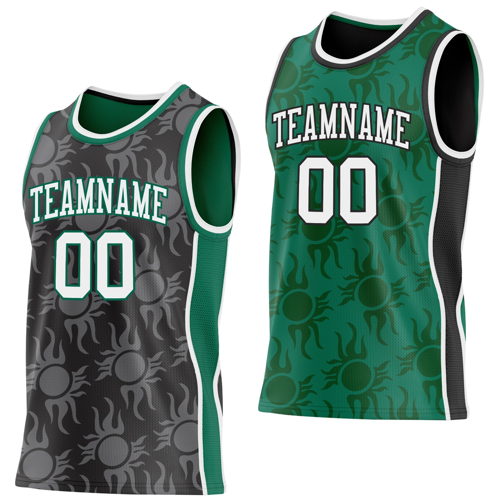 Custom Black White-Kelly Green Side Panel Stripe Sun Flame Reversible Double Side Sublimation Basketball Set Jersey