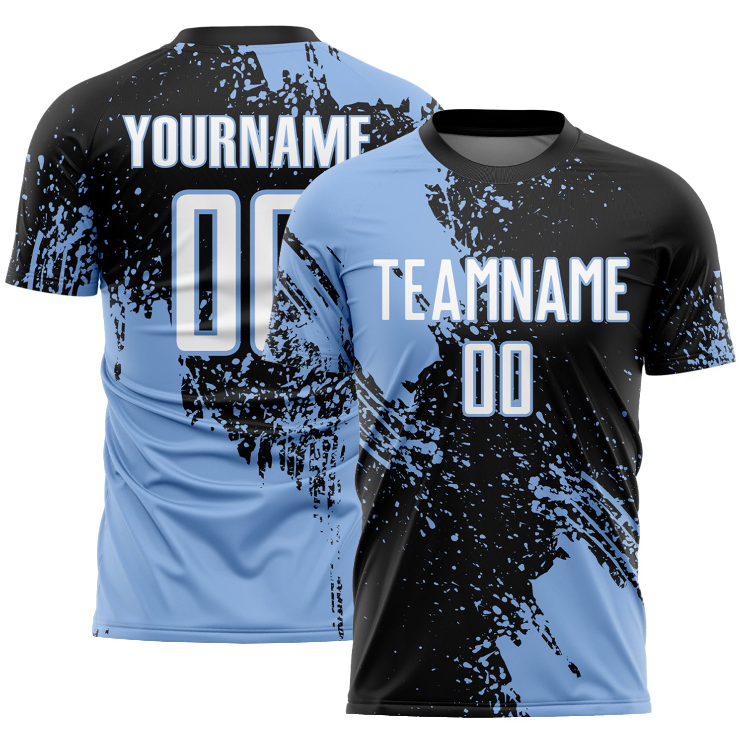 Custom Black White-Light Blue Abstract Brush Stroke Sports Sublimation Soccer Uniform Jersey
