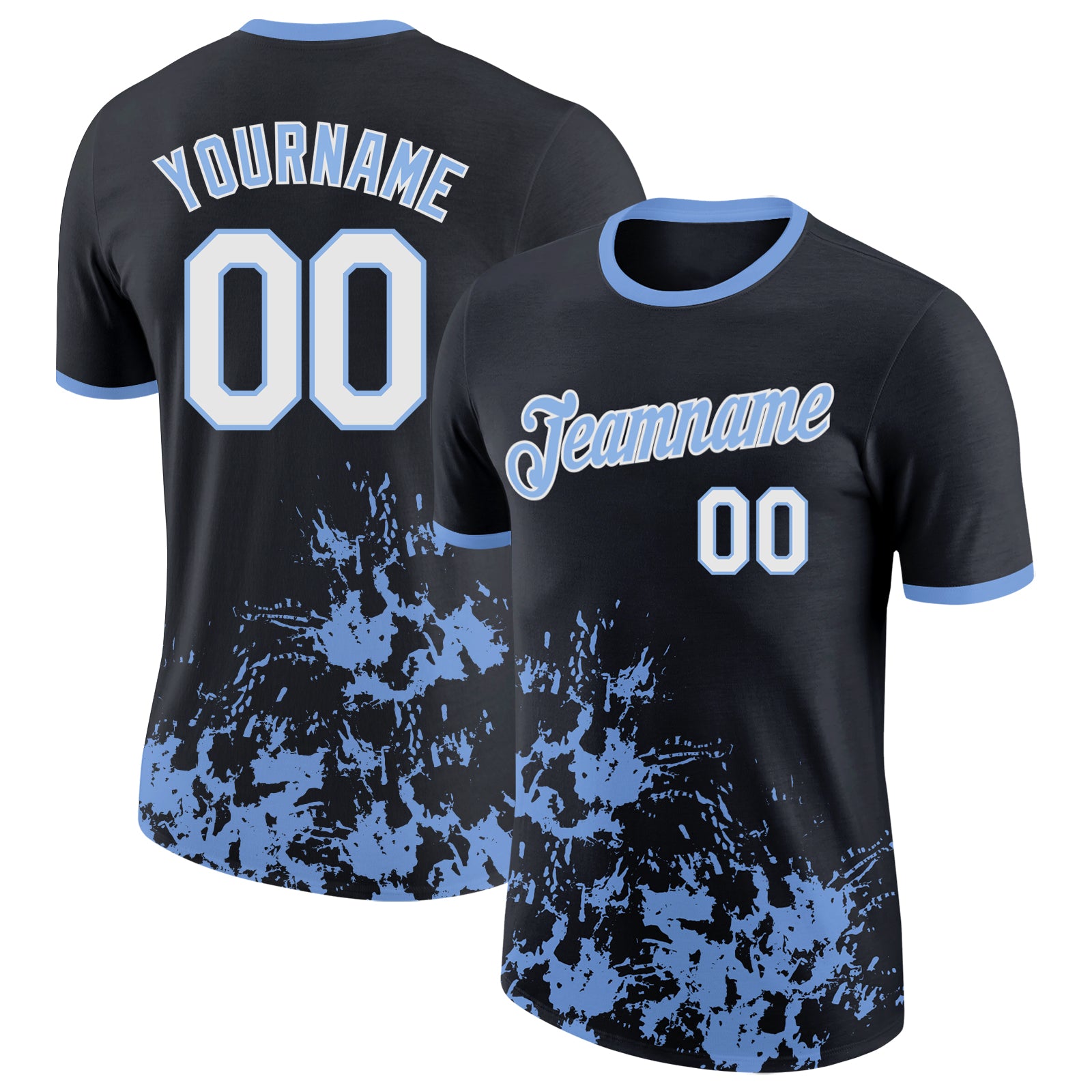 Custom Black White-Light Blue Brush Stroke Splatter Performance T-Shirt