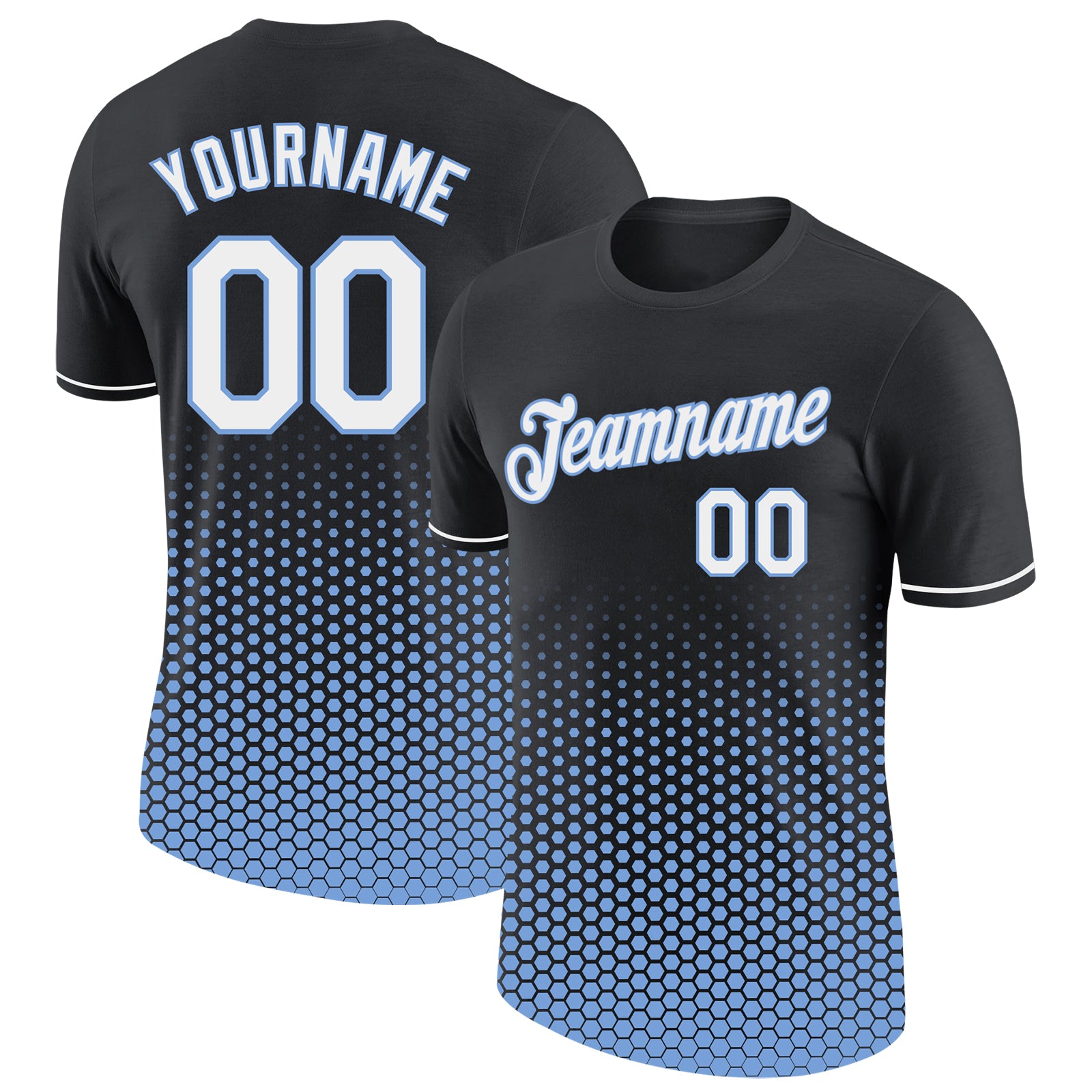 Custom Black White-Light Blue Geometric Hexagonal Dot Gradient Performance T-Shirt