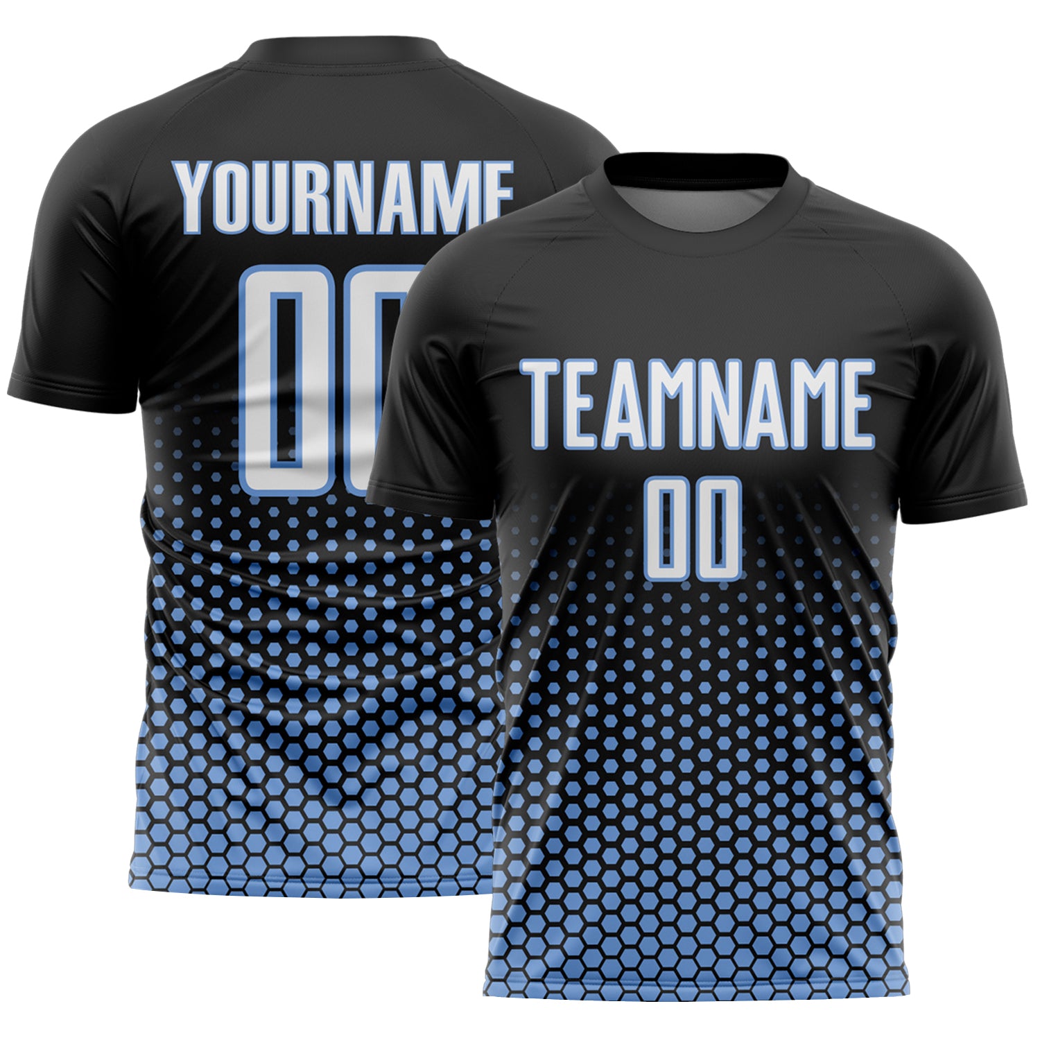 Custom Black White-Light Blue Geometric Hexagonal Dot Gradient Sublimation Soccer Uniform Jersey