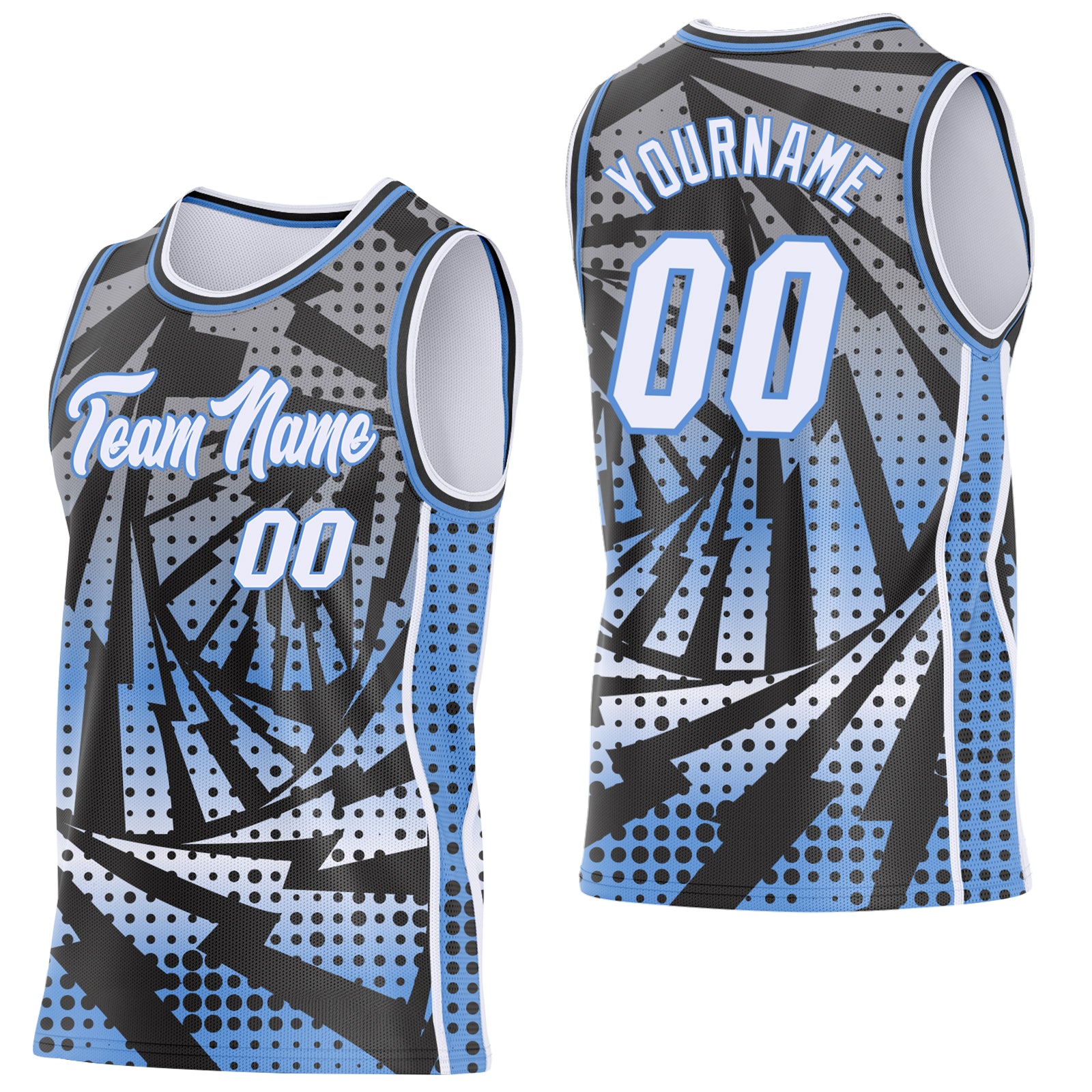 Custom Black White-Light Blue Lightning Gradient Dot Side Panel Stripe Round Neck Sublimation Basketball Set Jersey