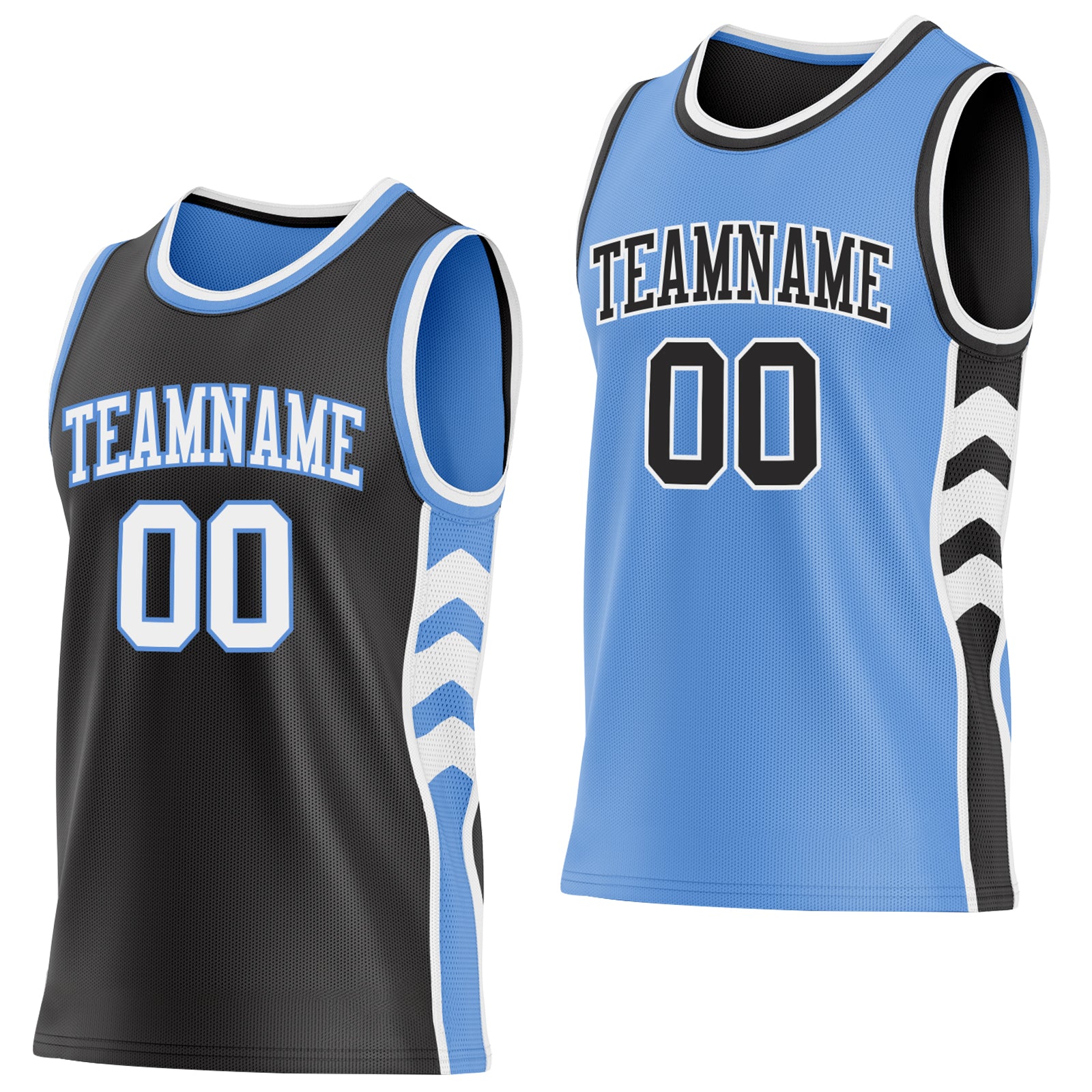 Custom Black White-Light Blue Side Panel Geometric Chevron Reversible Double Side Sublimation Basketball Set Jersey