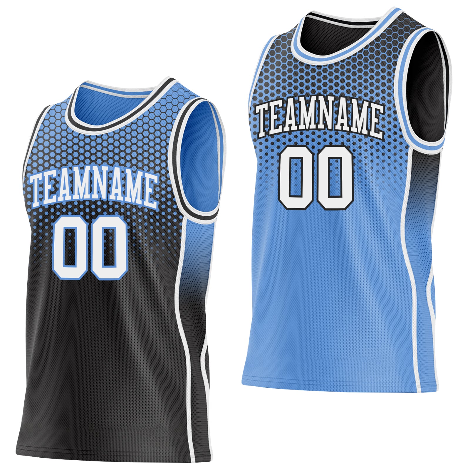Custom Black White-Light Blue Side Panel Stripe Gradient Geometric Honeycomb Reversible Double Side Sublimation Basketball Set Jersey