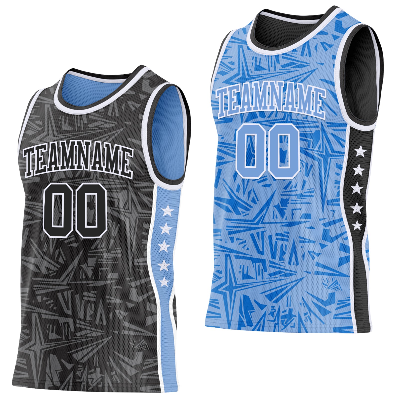 Custom Black White-Light Blue Side Panel Stripe Stars Geometric Shatter Starburst Reversible Double Side Sublimation Basketball Set Jersey