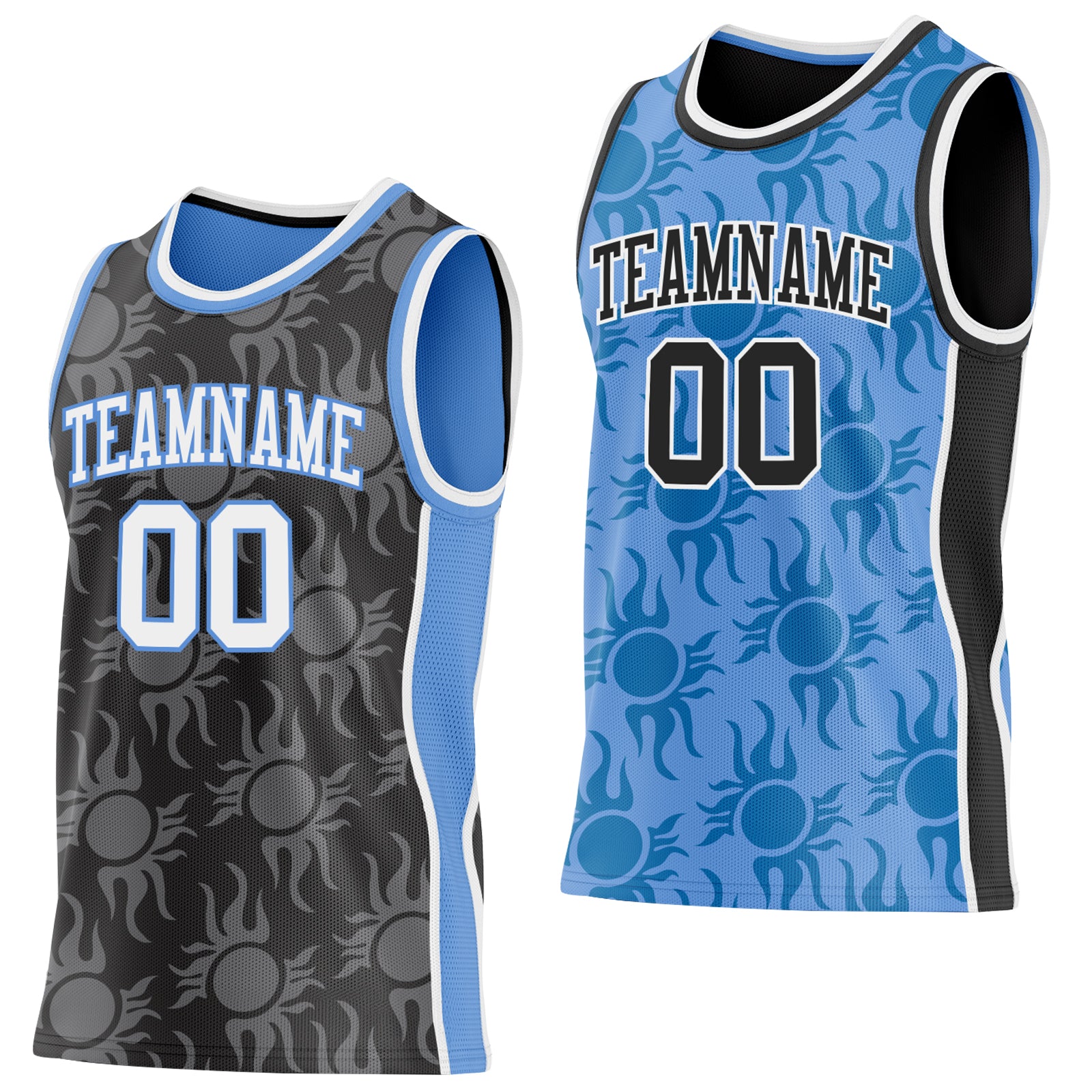 Custom Black White-Light Blue Side Panel Stripe Sun Flame Reversible Double Side Sublimation Basketball Set Jersey