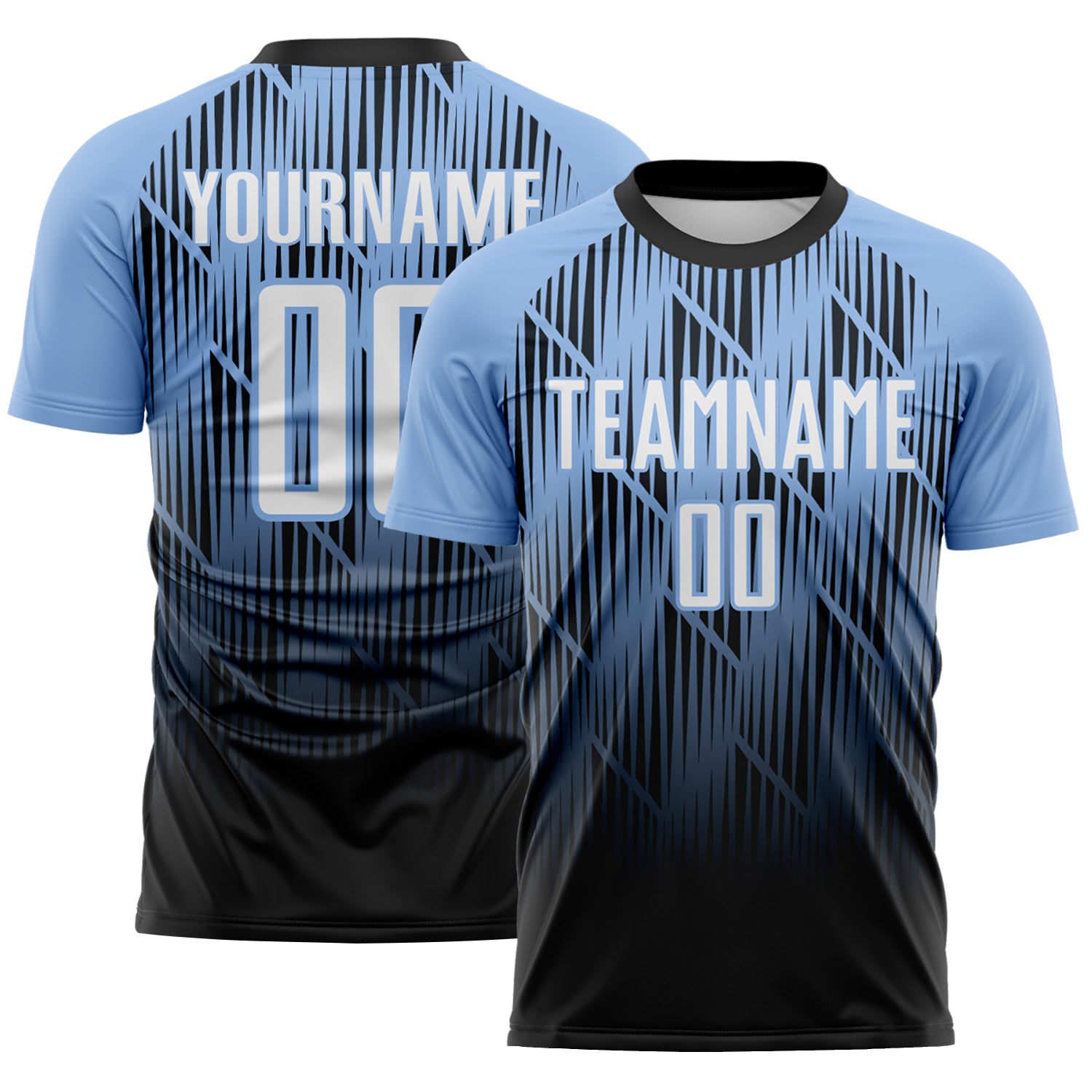 Custom Black White-Light Blue Spiked Sharp Lines Gradient Sublimation Soccer Uniform Jersey
