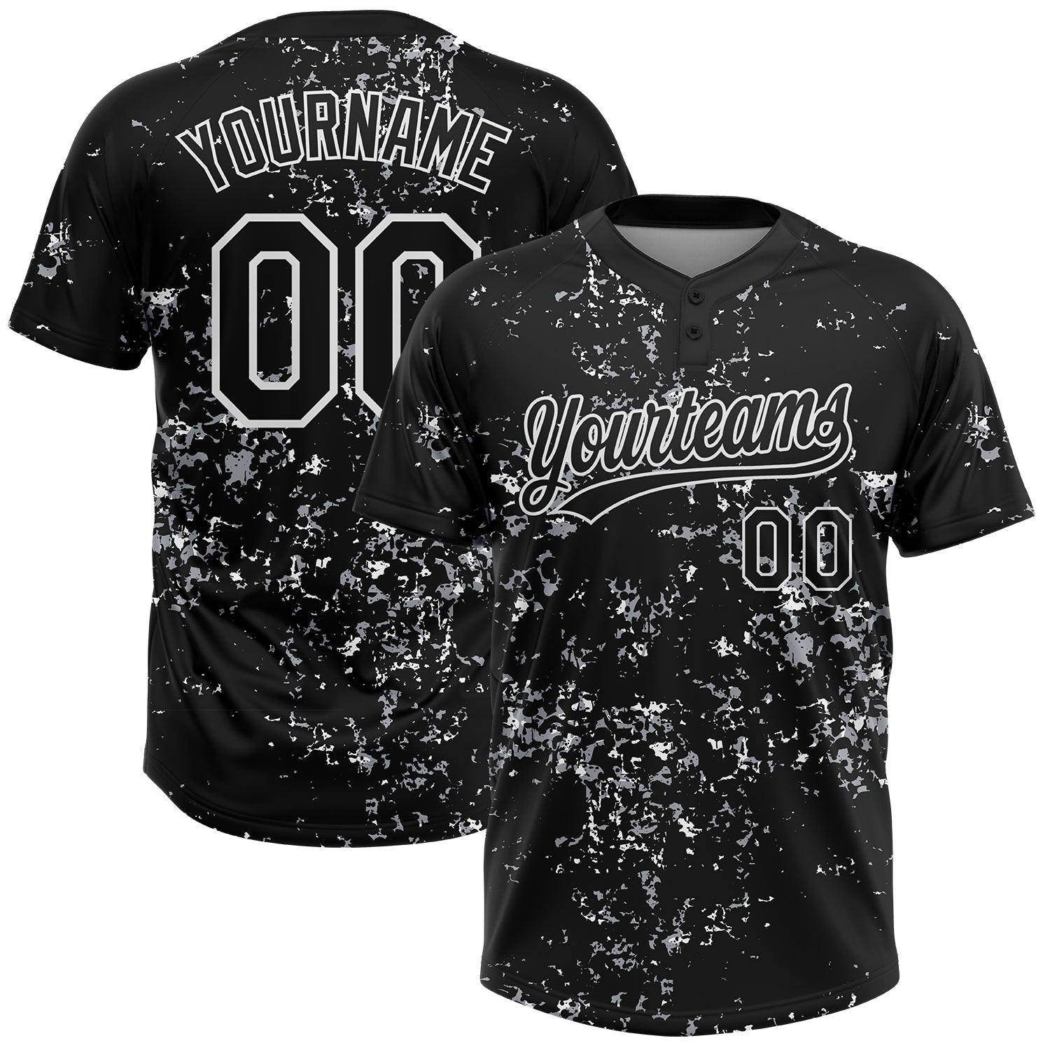 Custom Black White-Light Gray Abstract Shattered Paint Splatter Two-Button Unisex Softball Jersey