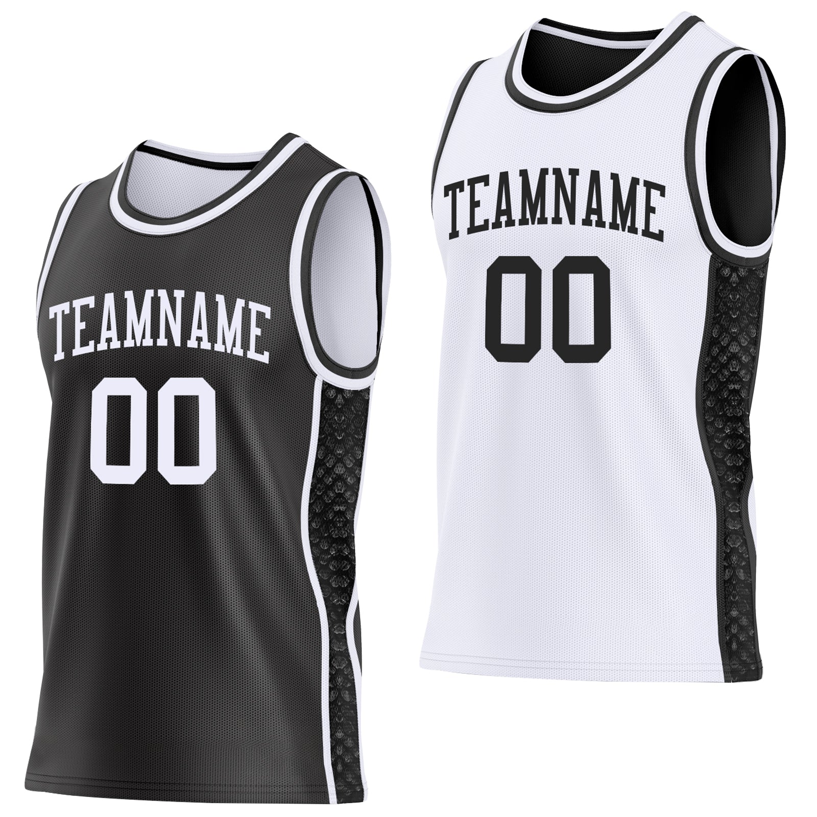 Custom Black-White Mamba Snakeskin Side Panel Stripe Reversible Double Side Sublimation Basketball Set Jersey