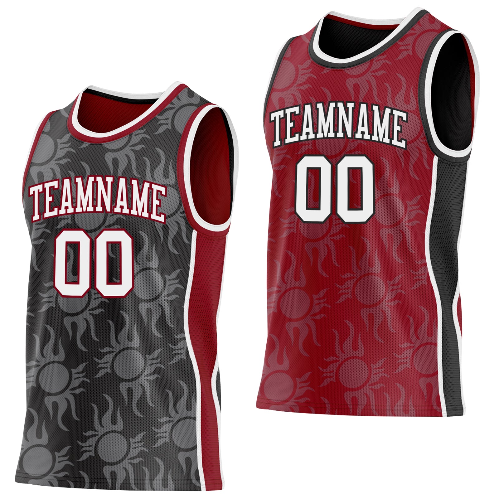 Custom Black White-Maroon Side Panel Stripe Sun Flame Reversible Double Side Sublimation Basketball Set Jersey