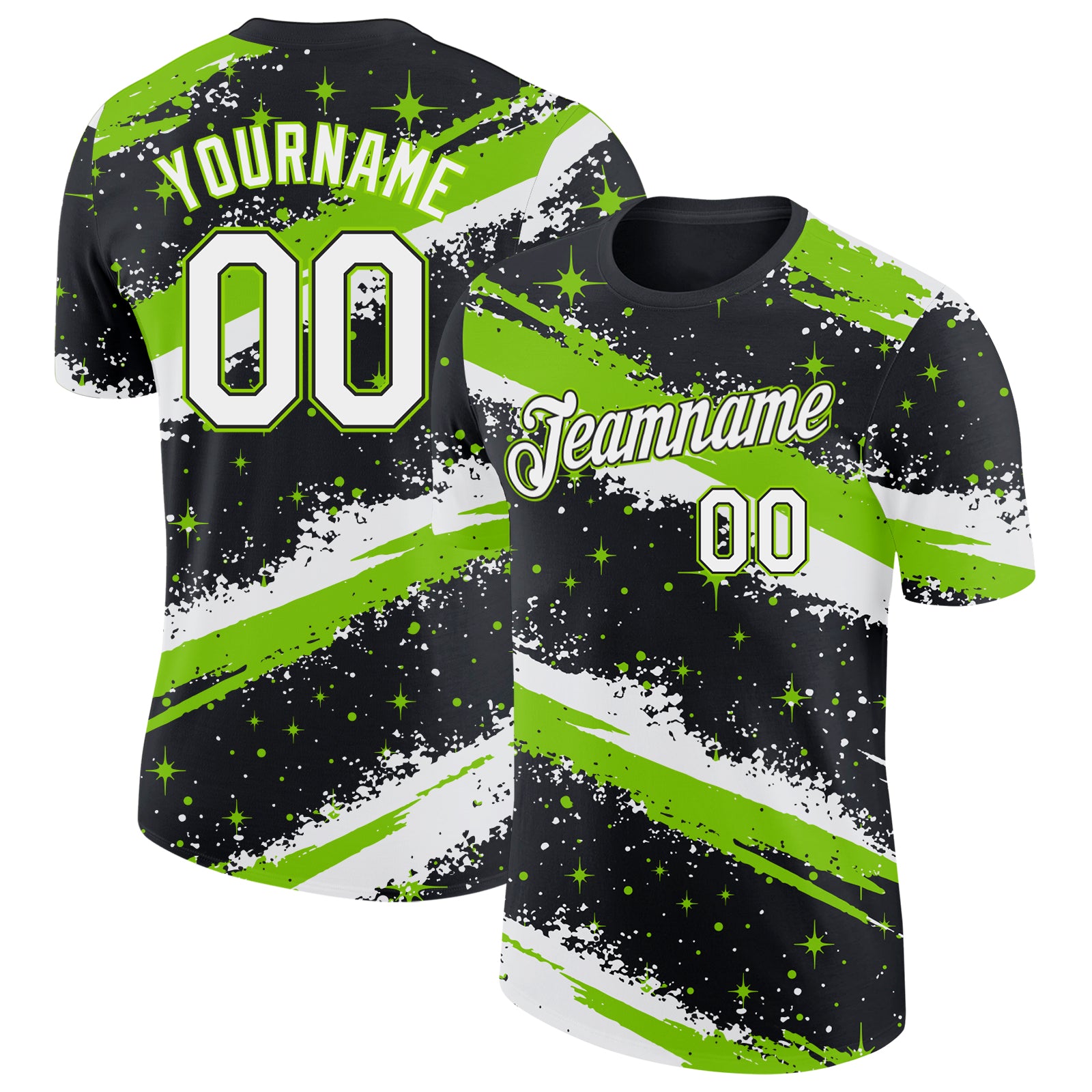Custom Black White-Neon Green Brush Stroke Splatter Starburst Performance T-Shirt