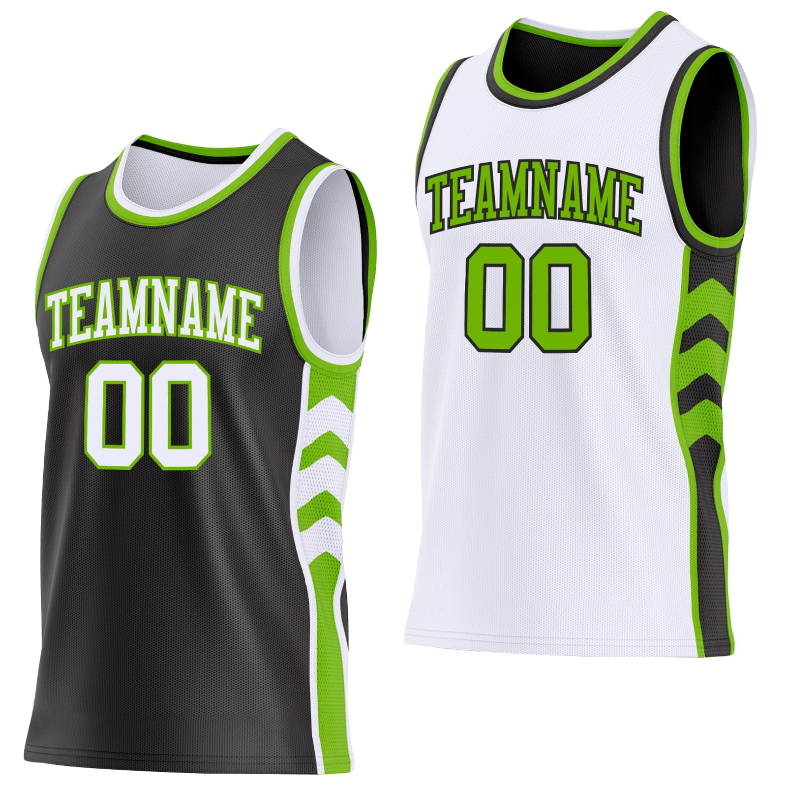 Custom Black White-Neon Green Side Panel Geometric Chevron Reversible Double Side Sublimation Basketball Set Jersey