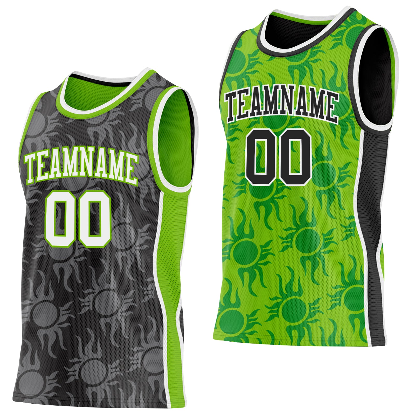 Custom Black White-Neon Green Side Panel Stripe Sun Flame Reversible Double Side Sublimation Basketball Set Jersey