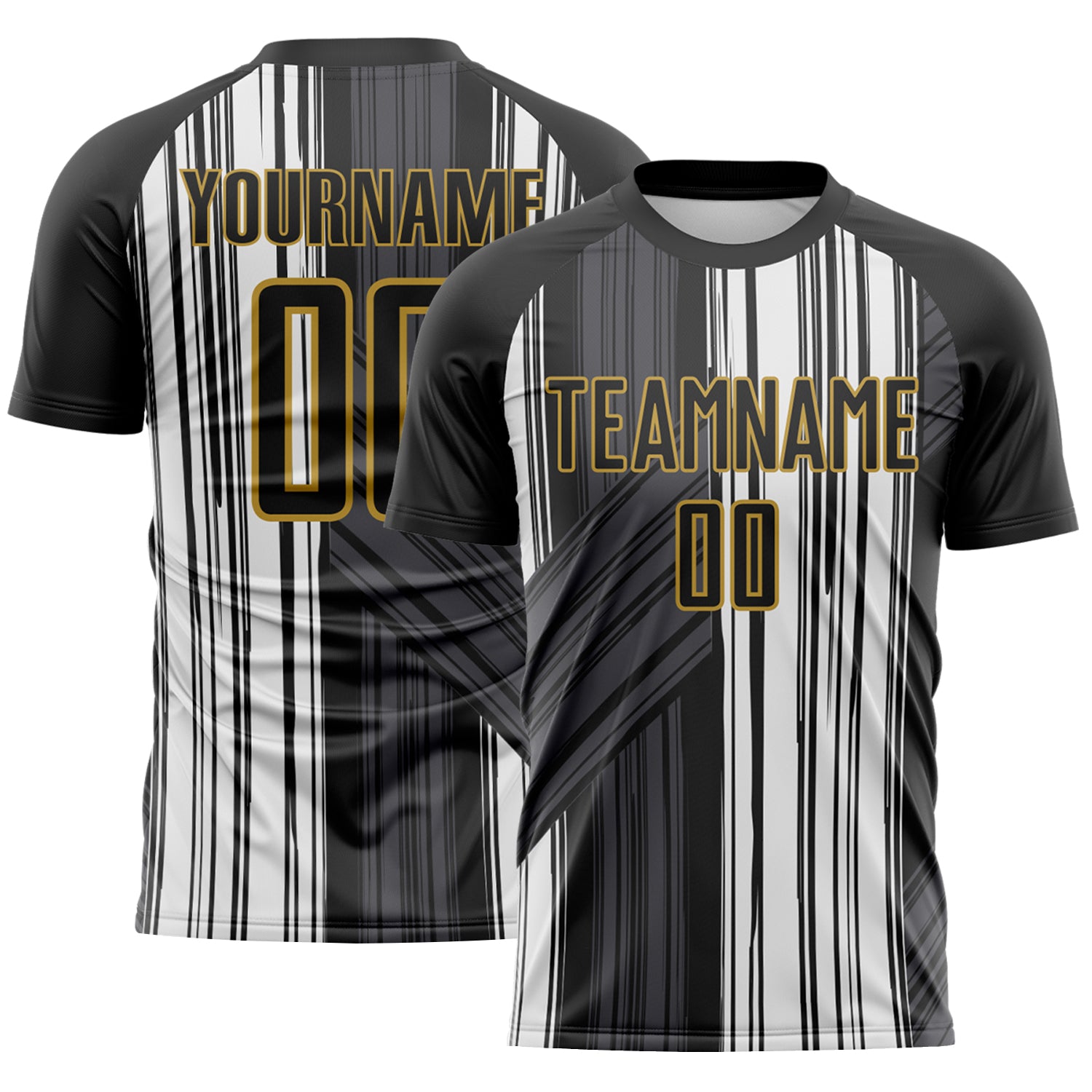 Custom Black White-Old Gold Brush Stroke Fluid Stripes Sublimation Soccer Uniform Jersey