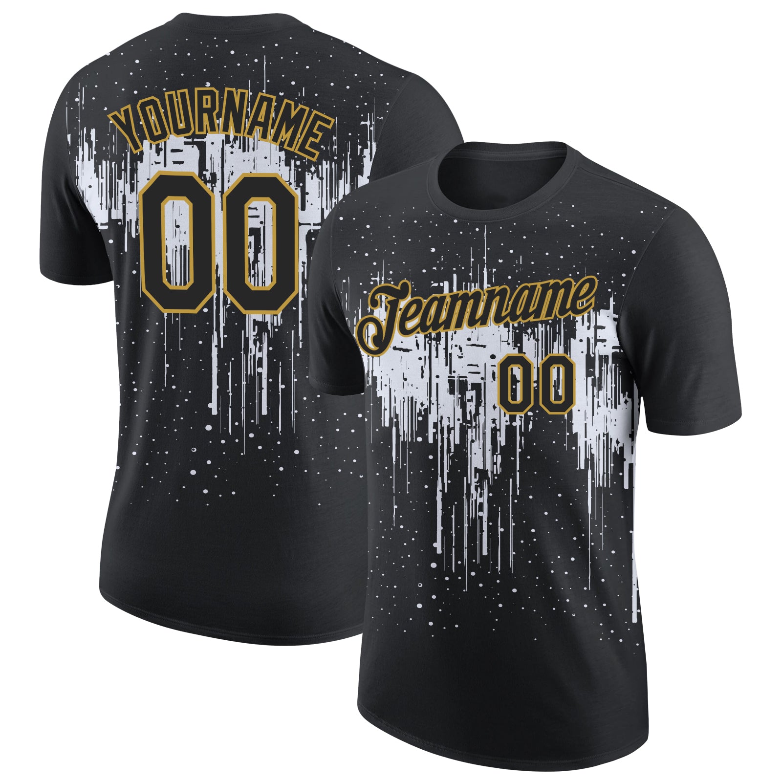 Custom Black White-Old Gold Dripping Splatter Paint Performance T-Shirt
