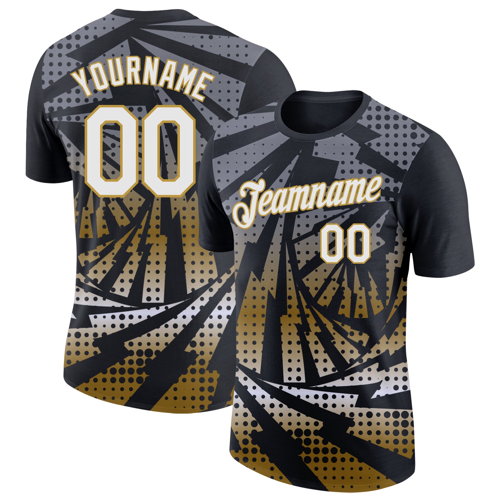 Custom Black White-Old Gold Lightning Gradient Dot Performance T-Shirt