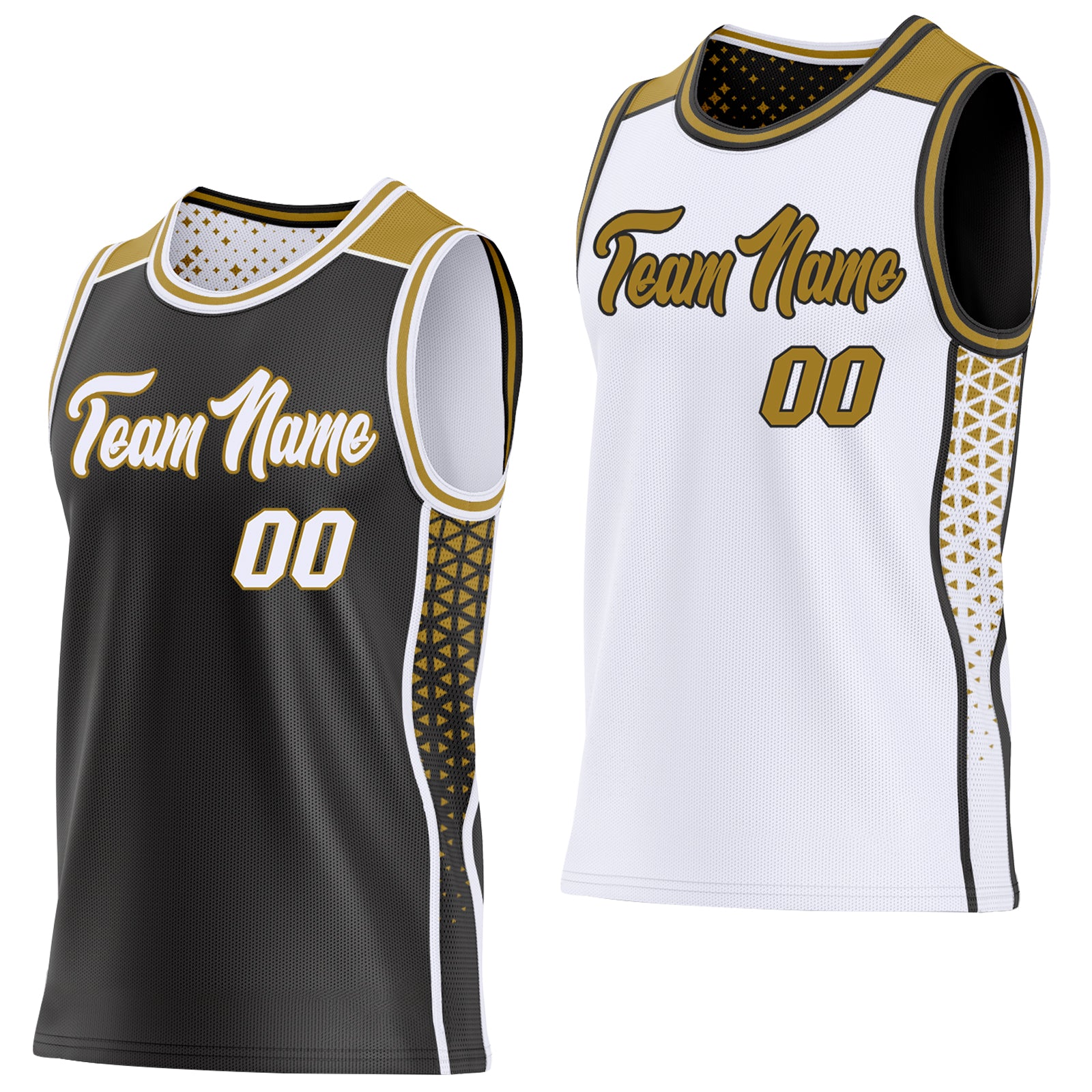 Custom Black White-Old Gold Side Panel Stripe Geometric Triangle Gradient Dot Reversible Double Side Sublimation Basketball Set Jersey