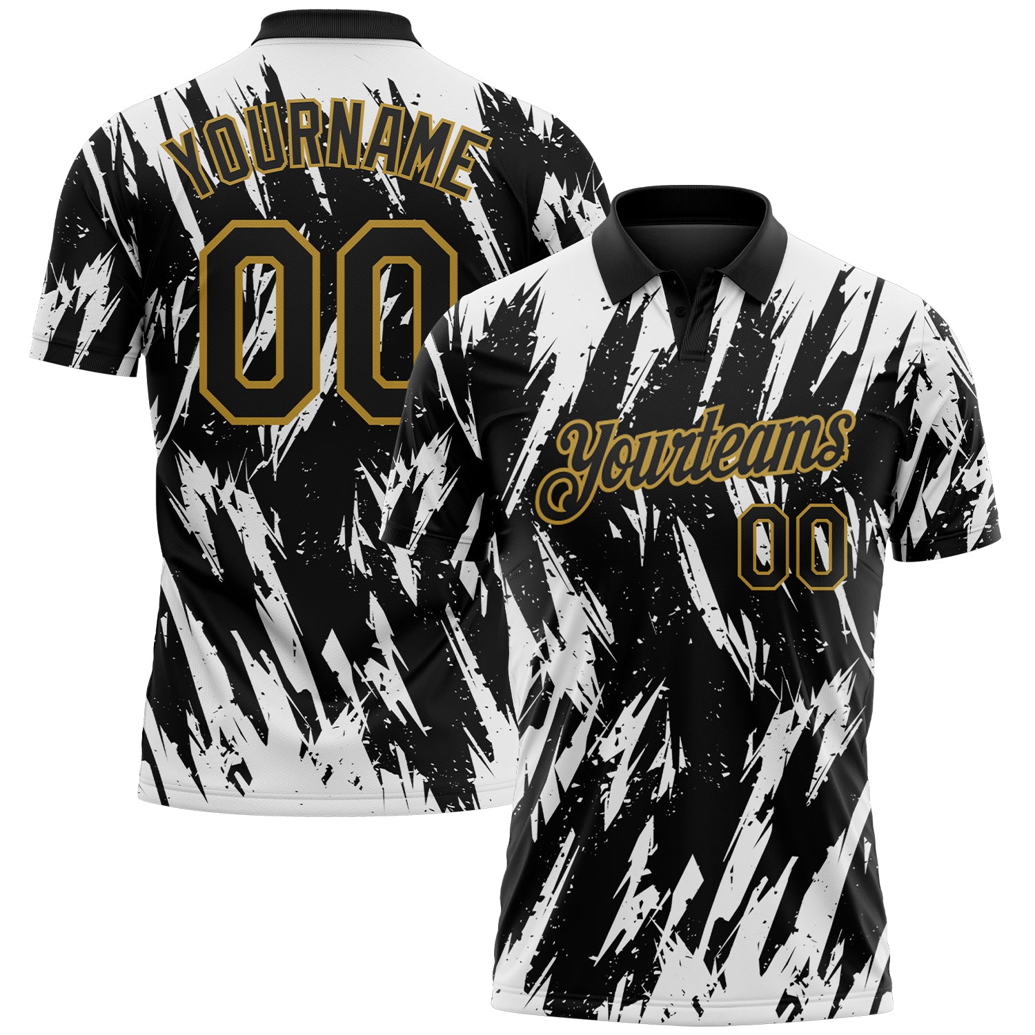 Custom Black White-Old Gold Torn Sharp Brush Stroke Splatter Performance Polo Shirt