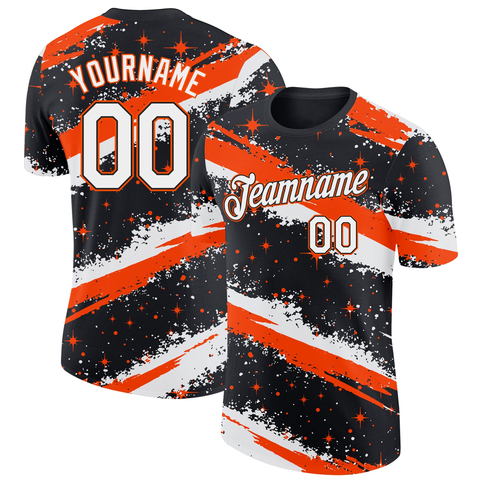 Custom Black White-Orange Brush Stroke Splatter Starburst Performance T-Shirt