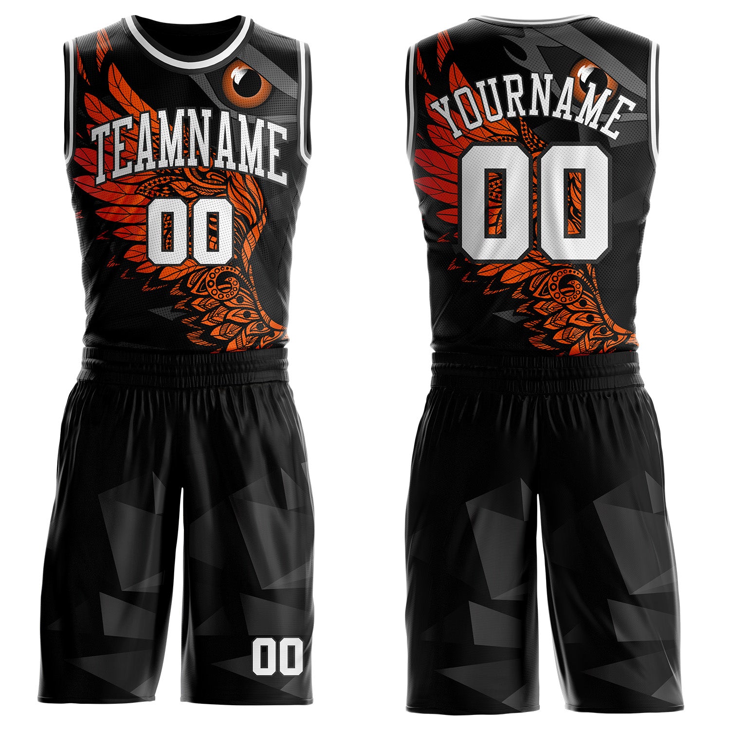 Custom Black White-Orange Eagle Wing Boho Style Round Neck Sublimation Basketball Uniform Jersey