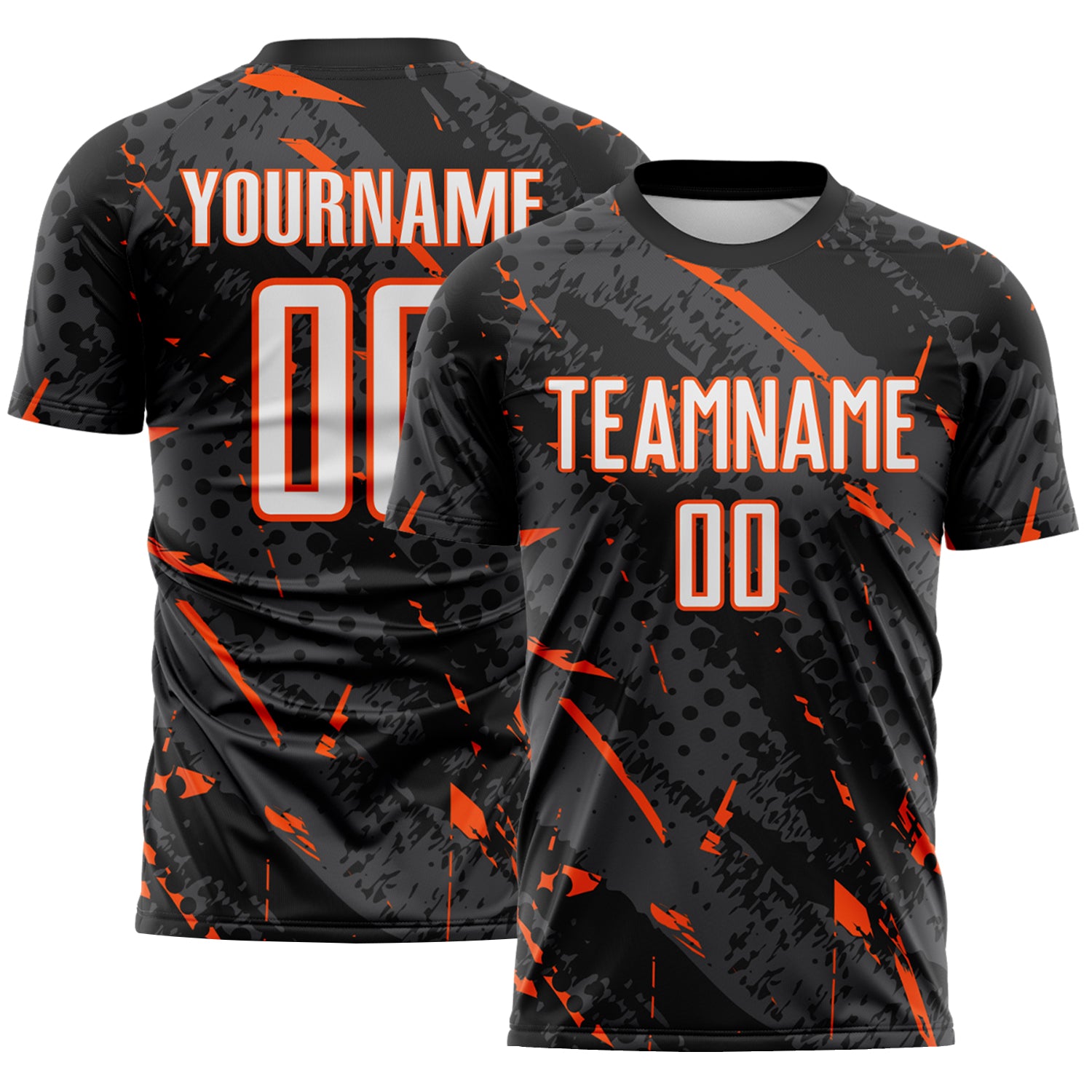 Custom Black White Orange-Gray Brush Stroke Slashes And Dot Grid Sublimation Soccer Uniform Jersey