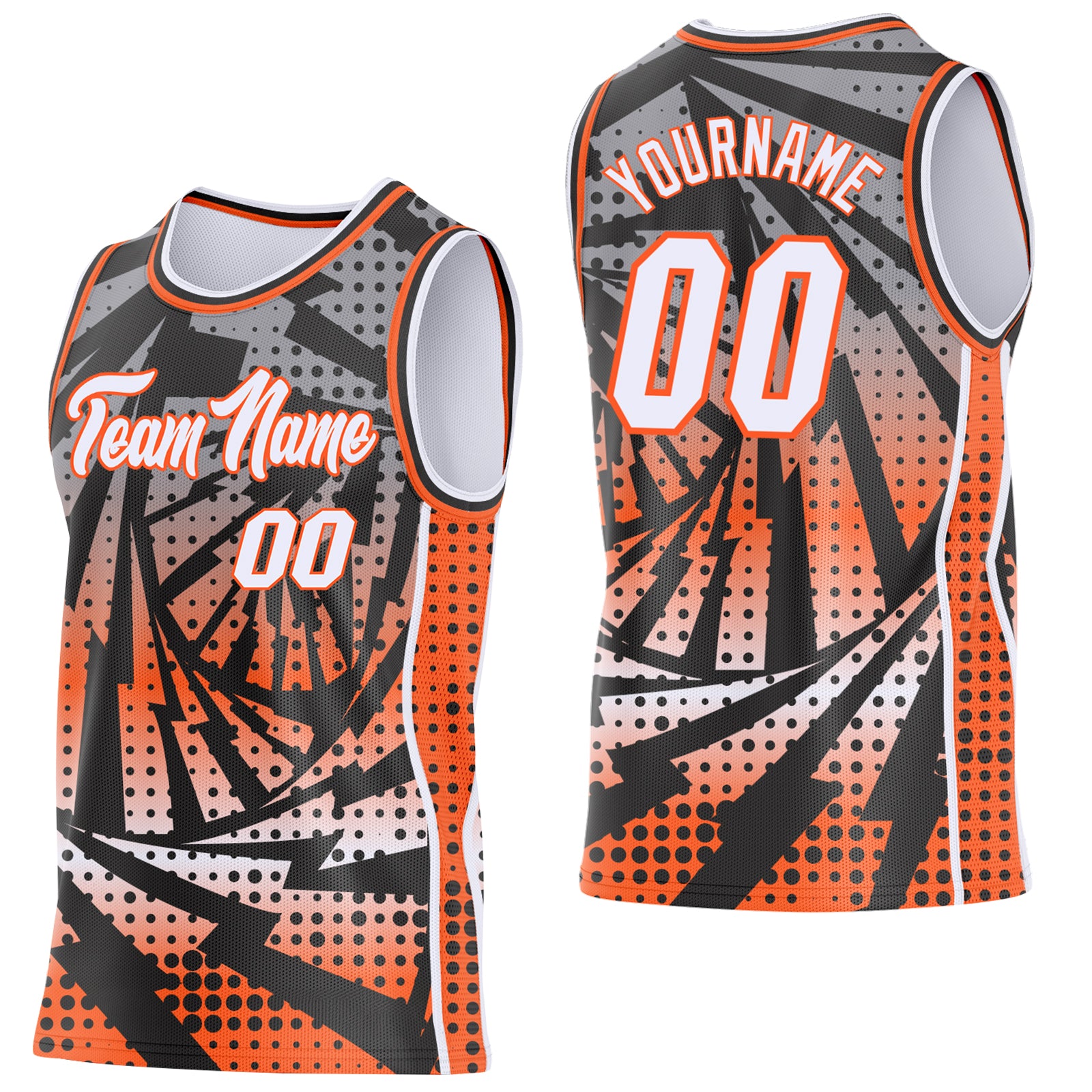 Custom Black White-Orange Lightning Gradient Dot Side Panel Stripe Round Neck Sublimation Basketball Set Jersey