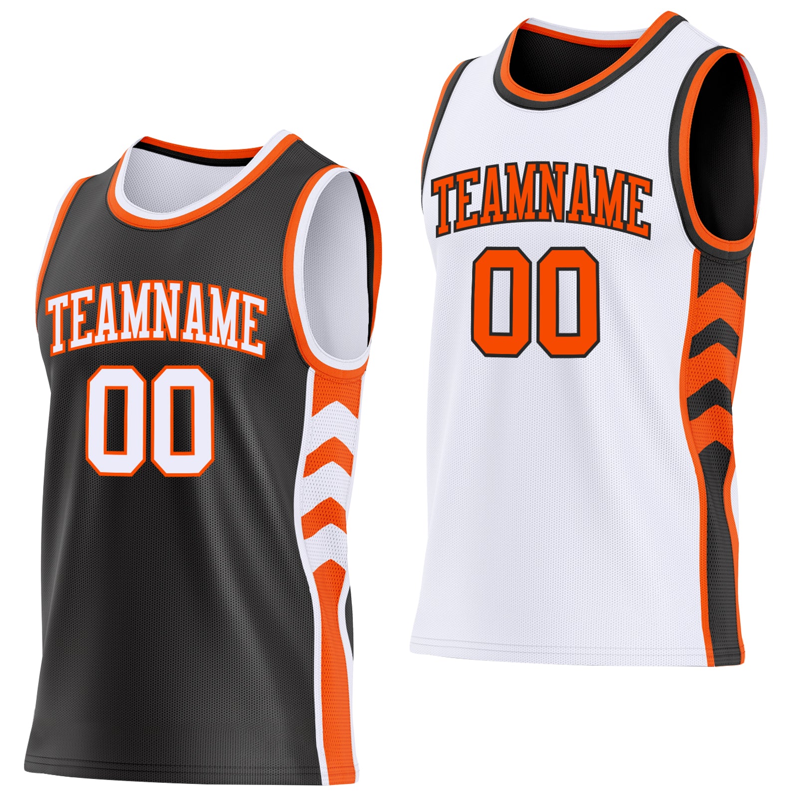Custom Black White-Orange Side Panel Geometric Chevron Reversible Double Side Sublimation Basketball Set Jersey