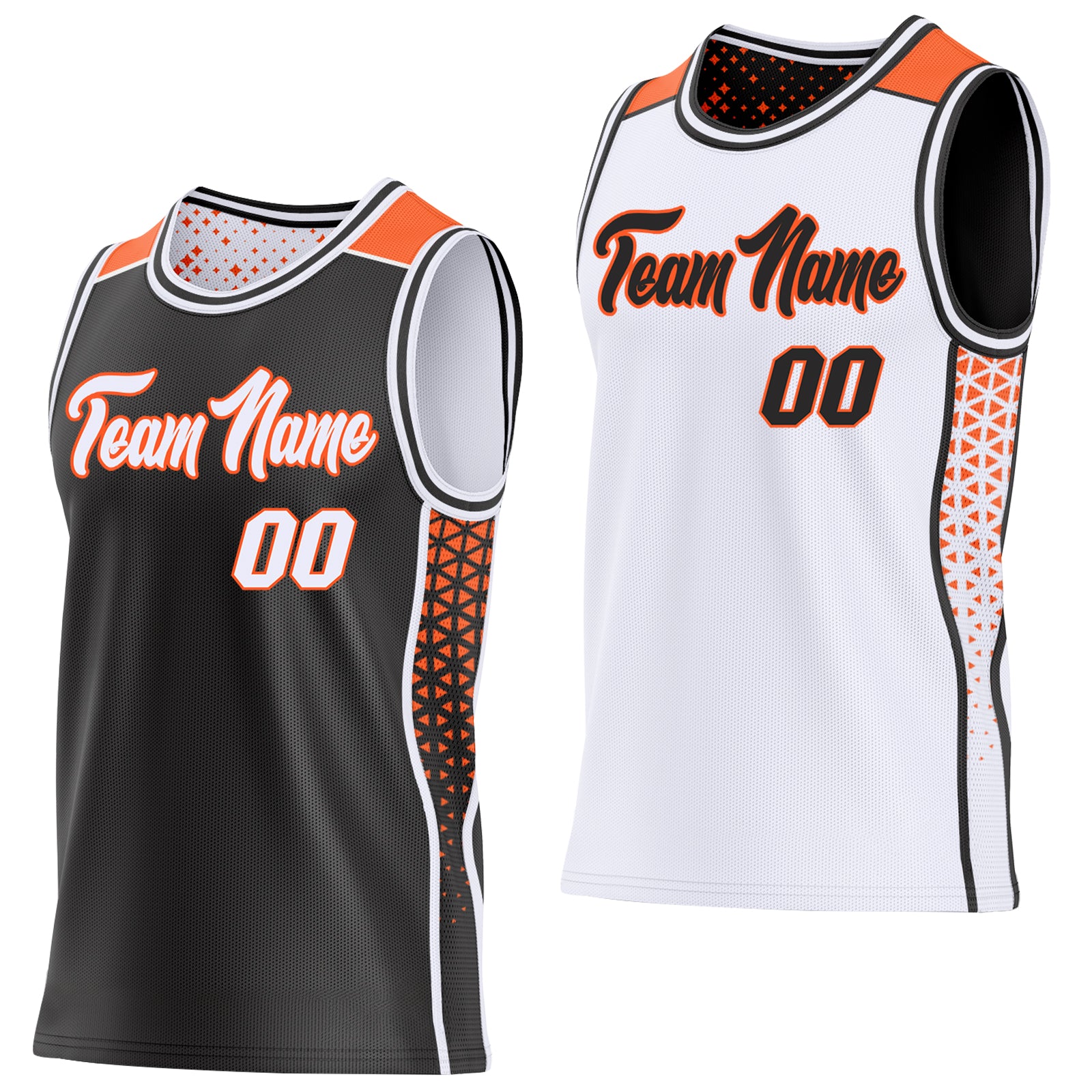 Custom Black White-Orange Side Panel Stripe Geometric Triangle Gradient Dot Reversible Double Side Sublimation Basketball Set Jersey