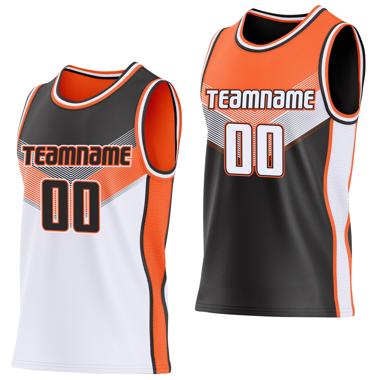 Custom Black White-Orange Side Panel Stripe Geometric V-Cut Color Block Reversible Double Side Sublimation Basketball Set Jersey