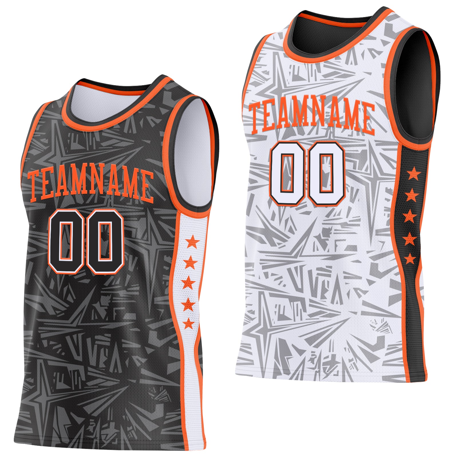 Custom Black White-Orange Side Panel Stripe Stars Geometric Shatter Starburst Reversible Double Side Sublimation Basketball Set Jersey