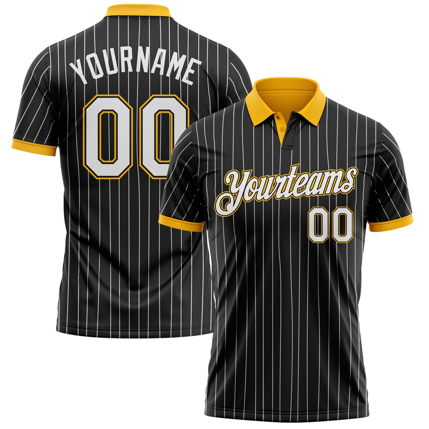 Custom Black White Pinstripe-Gold Performance Polo Shirt