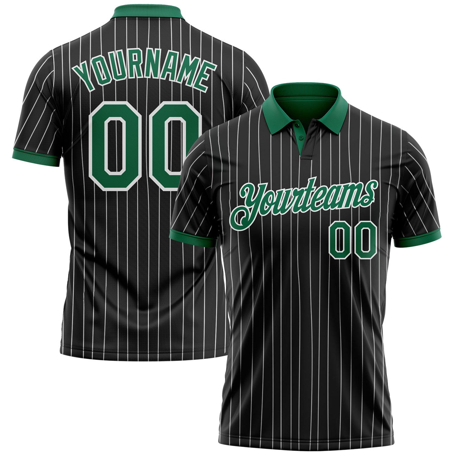 Custom Black White Pinstripe-Kelly Green Performance Polo Shirt