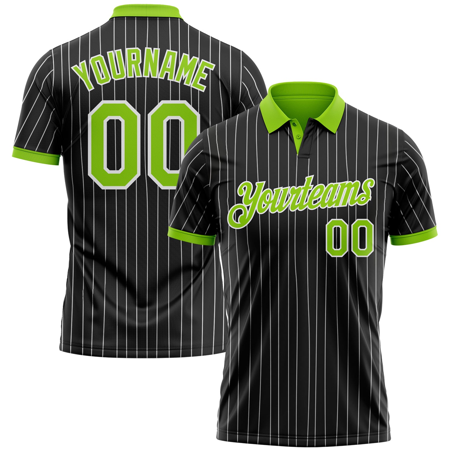 Custom Black White Pinstripe-Neon Green Performance Polo Shirt