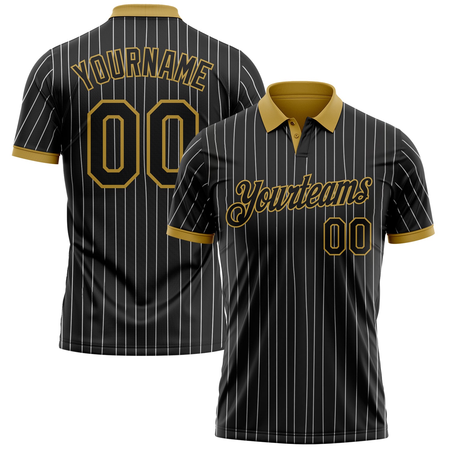Custom Black White Pinstripe-Old Gold Performance Polo Shirt