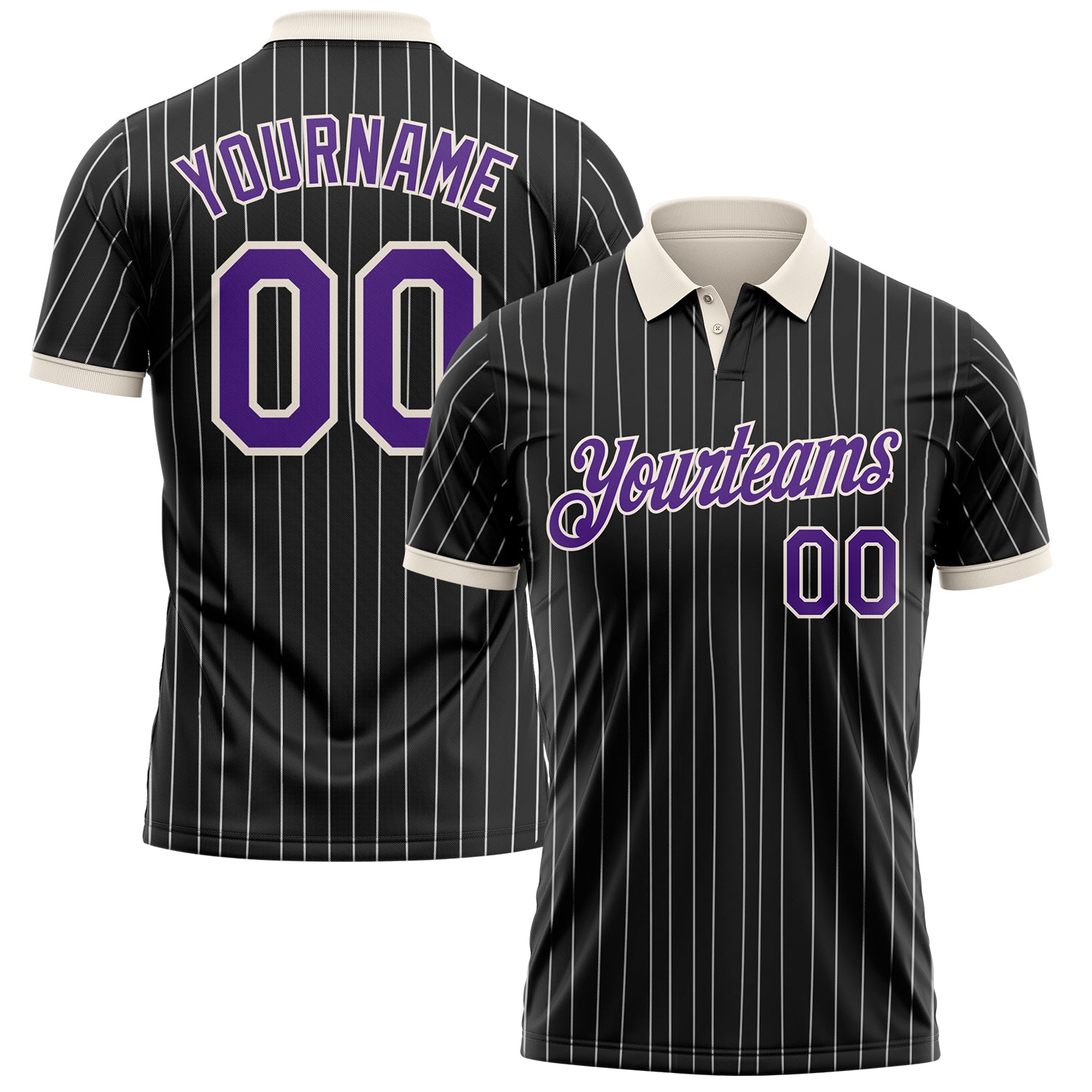 Custom Black White Pinstripe Purple-Cream Performance Polo Shirt