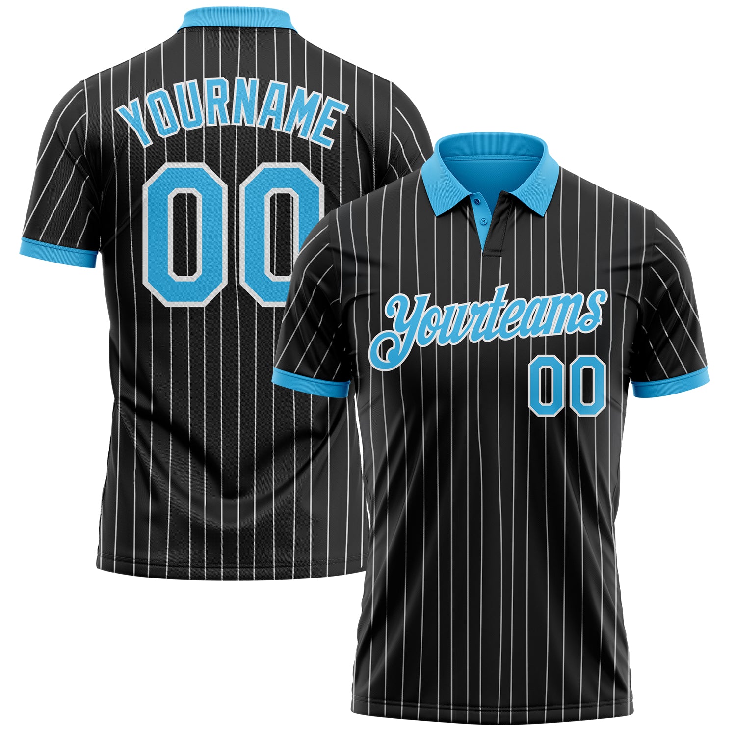 Custom Black White Pinstripe-Sky Blue Performance Polo Shirt