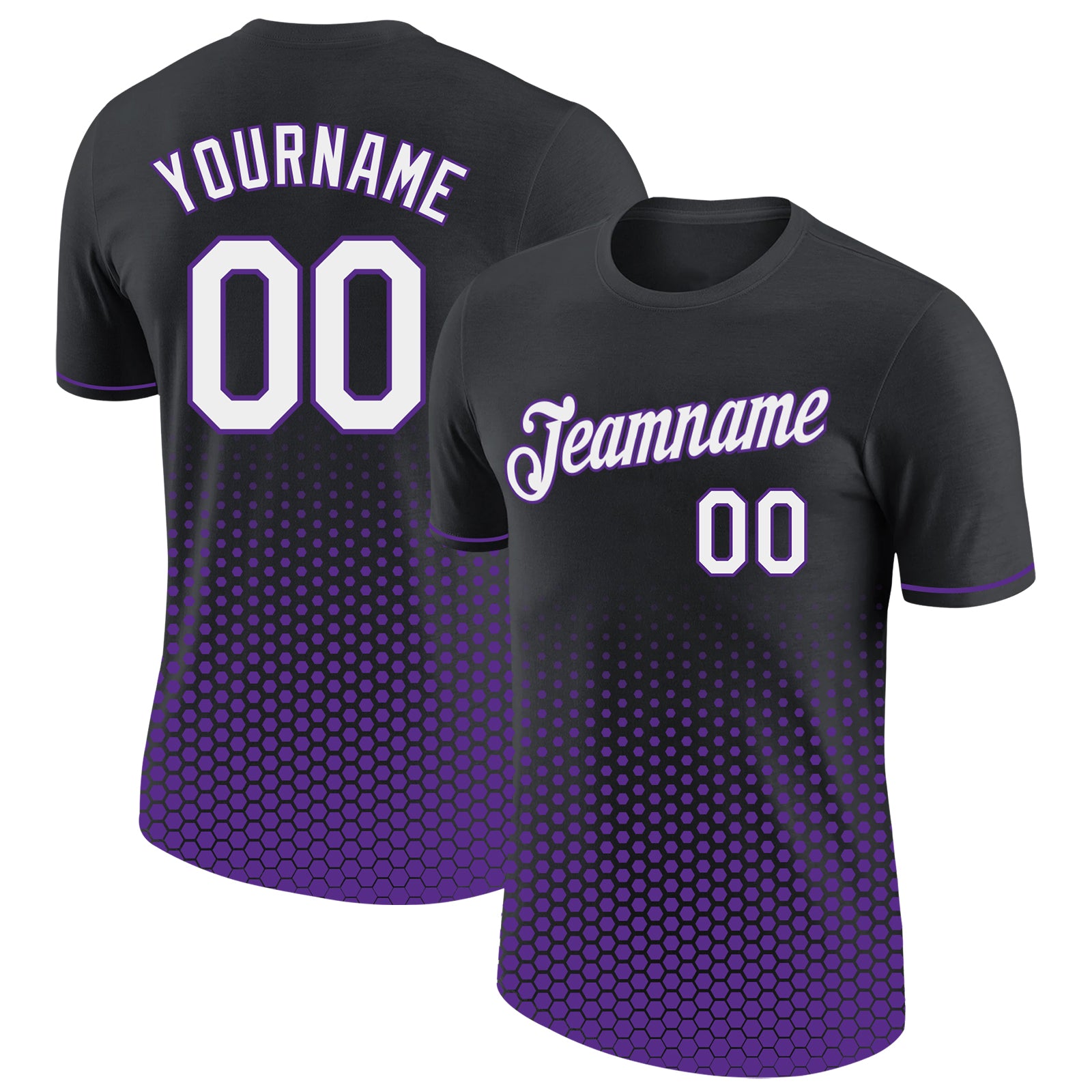 Custom Black White-Purple Geometric Hexagonal Dot Gradient Performance T-Shirt