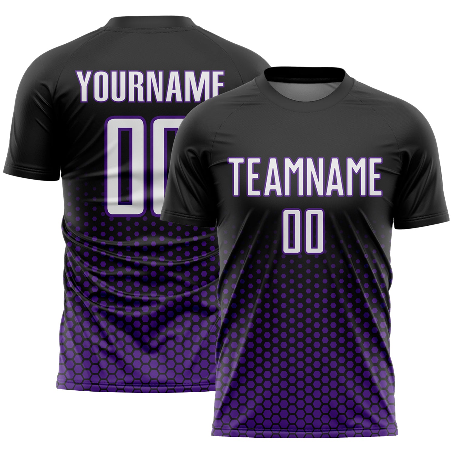 Custom Black White-Purple Geometric Hexagonal Dot Gradient Sublimation Soccer Uniform Jersey