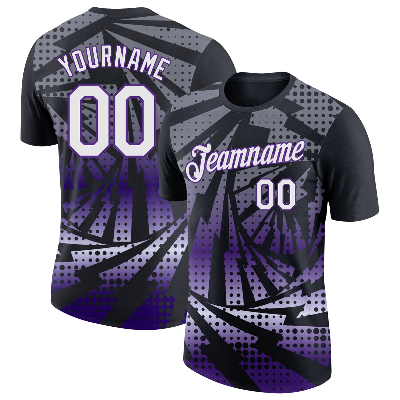 Custom Black White-Purple Lightning Gradient Dot Performance T-Shirt