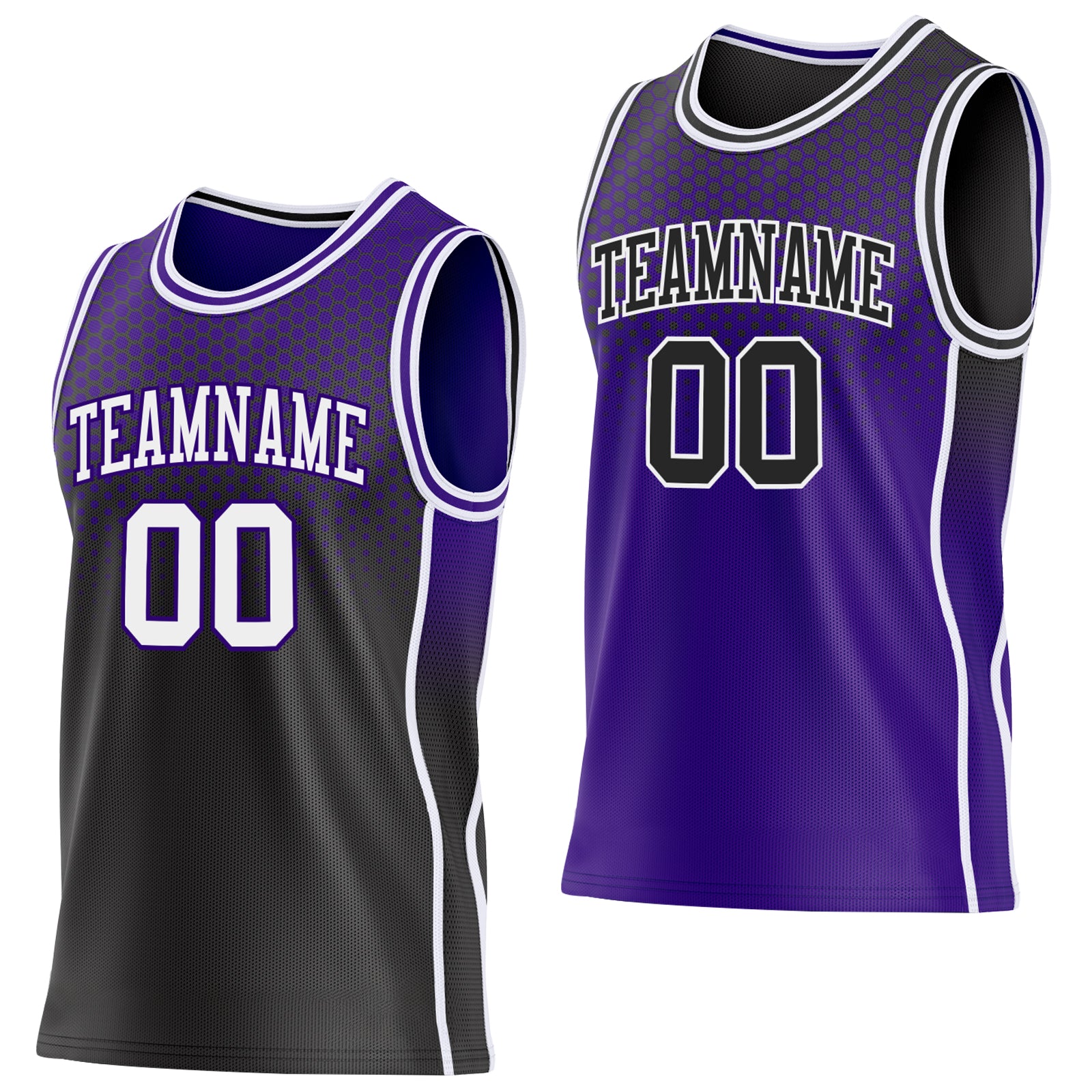Custom Black White-Purple Side Panel Stripe Gradient Geometric Honeycomb Reversible Double Side Sublimation Basketball Set Jersey