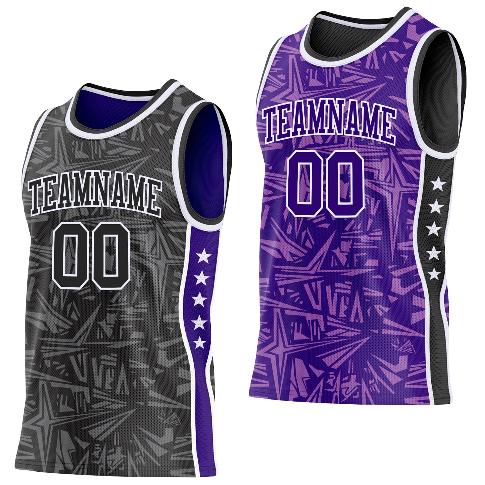 Custom Black White-Purple Side Panel Stripe Stars Geometric Shatter Starburst Reversible Double Side Sublimation Basketball Set Jersey