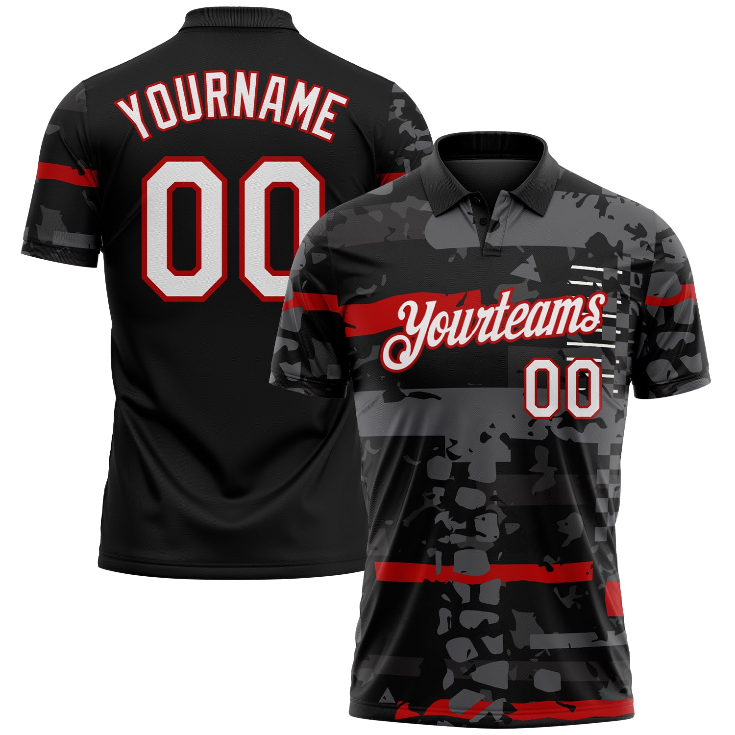 Custom Black White-Red Abstract Geometric Mashup Grunge Performance Polo Shirt