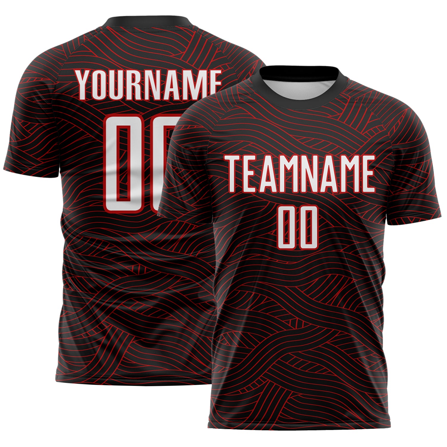 Custom Black White-Red Abstract Wave Lines Interlocking Sublimation Soccer Uniform Jersey