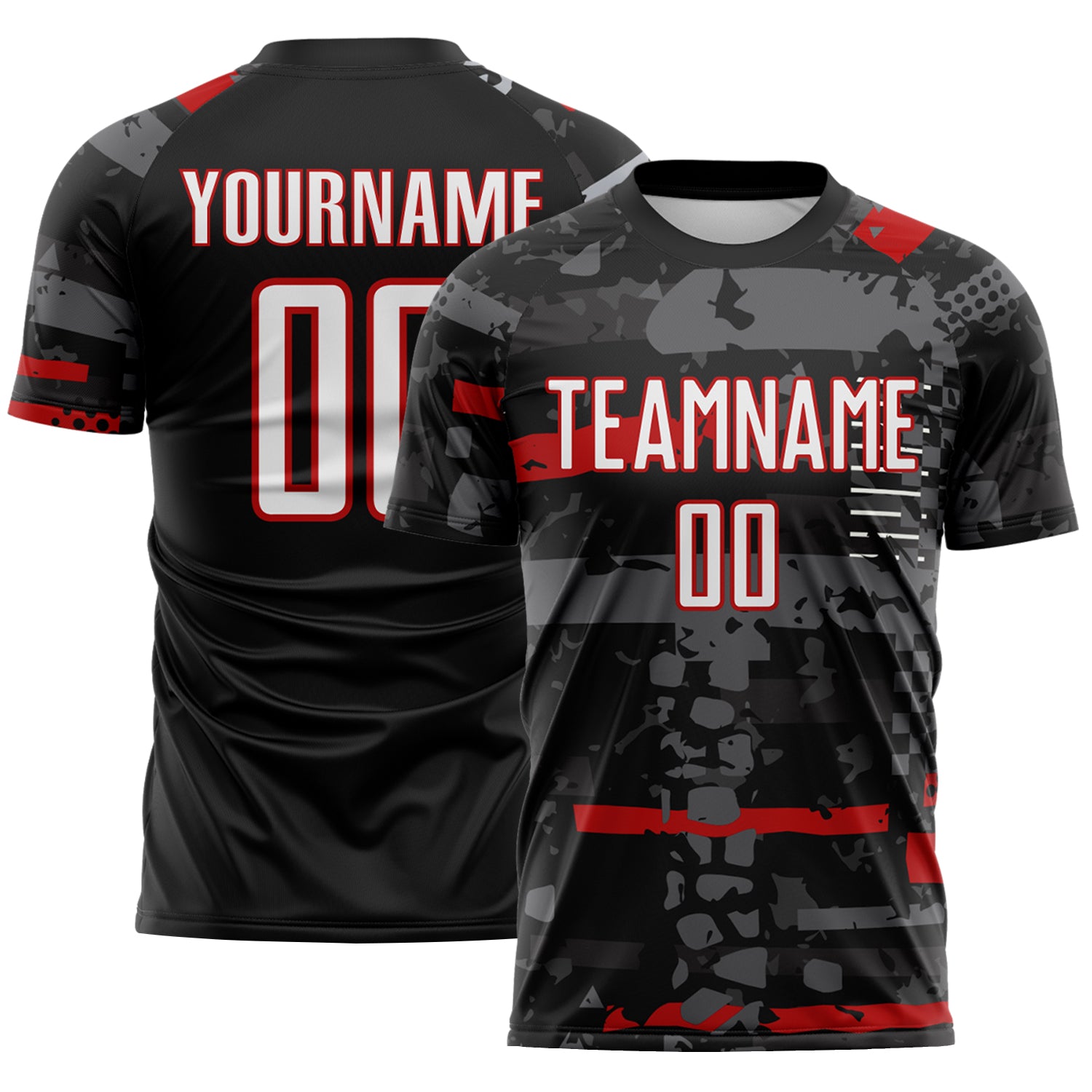Custom Black White Red-Gray Abstract Geometric Stripe Fragment Sublimation Soccer Uniform Jersey