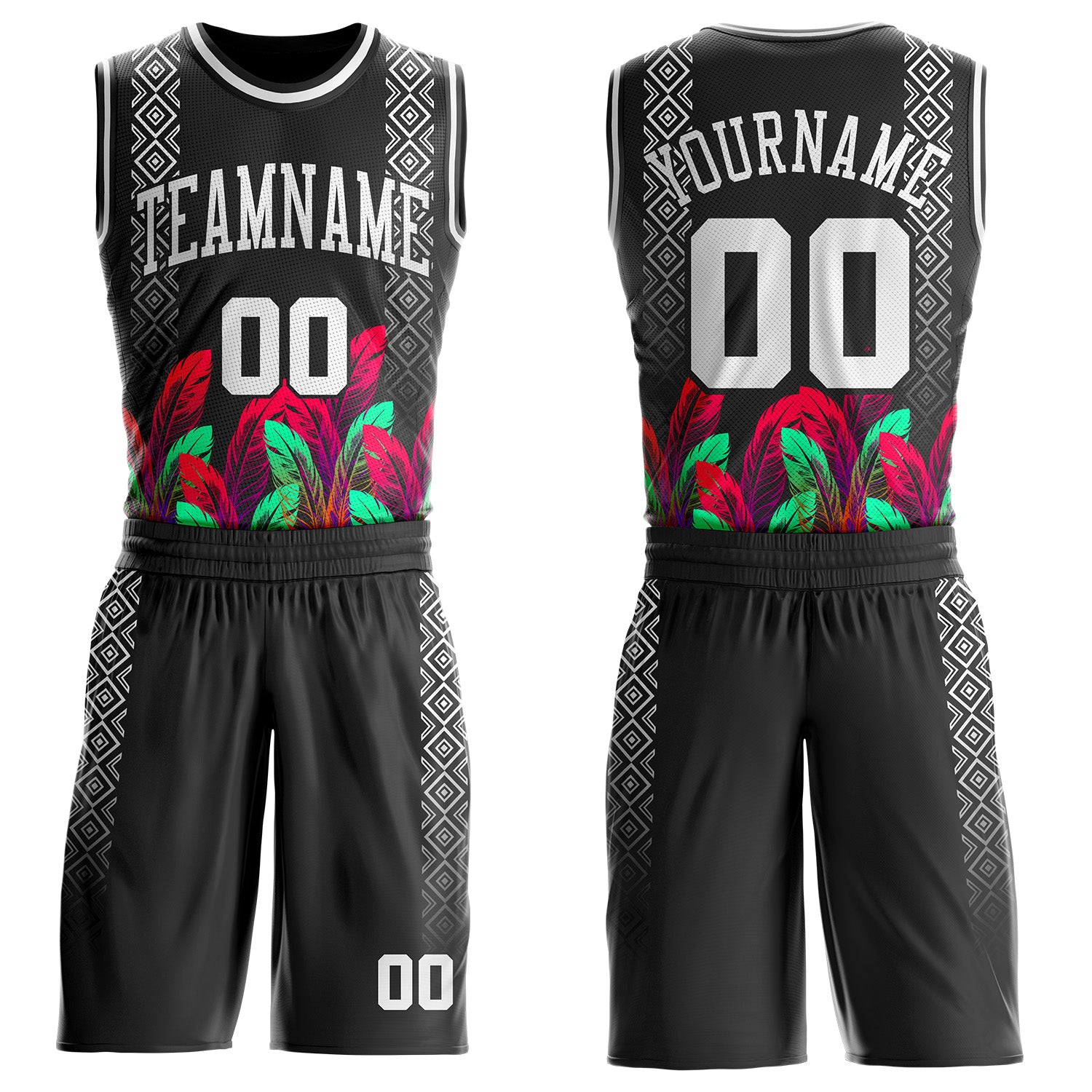 Custom Black White Red-Green Feather Geometric Boho Style Round Neck Sublimation Basketball Uniform Jersey
